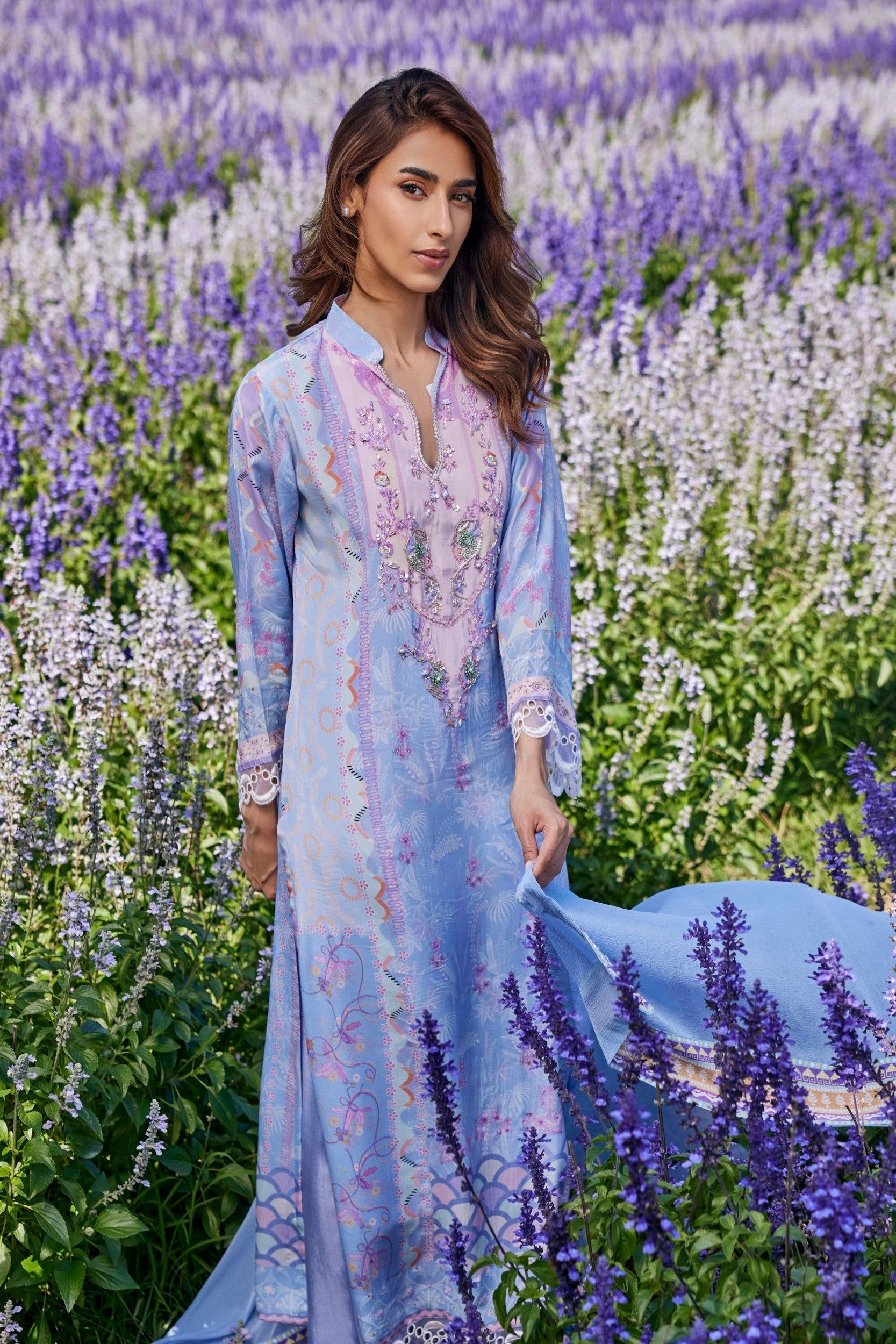 Powder Blue Embellished Crepe Silk Pant Set