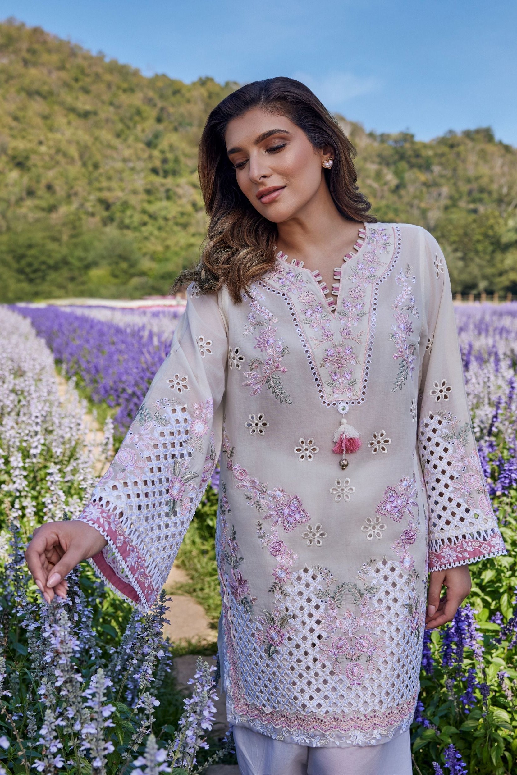 Ivory Lavender Embroidered Cotton Kurta Set