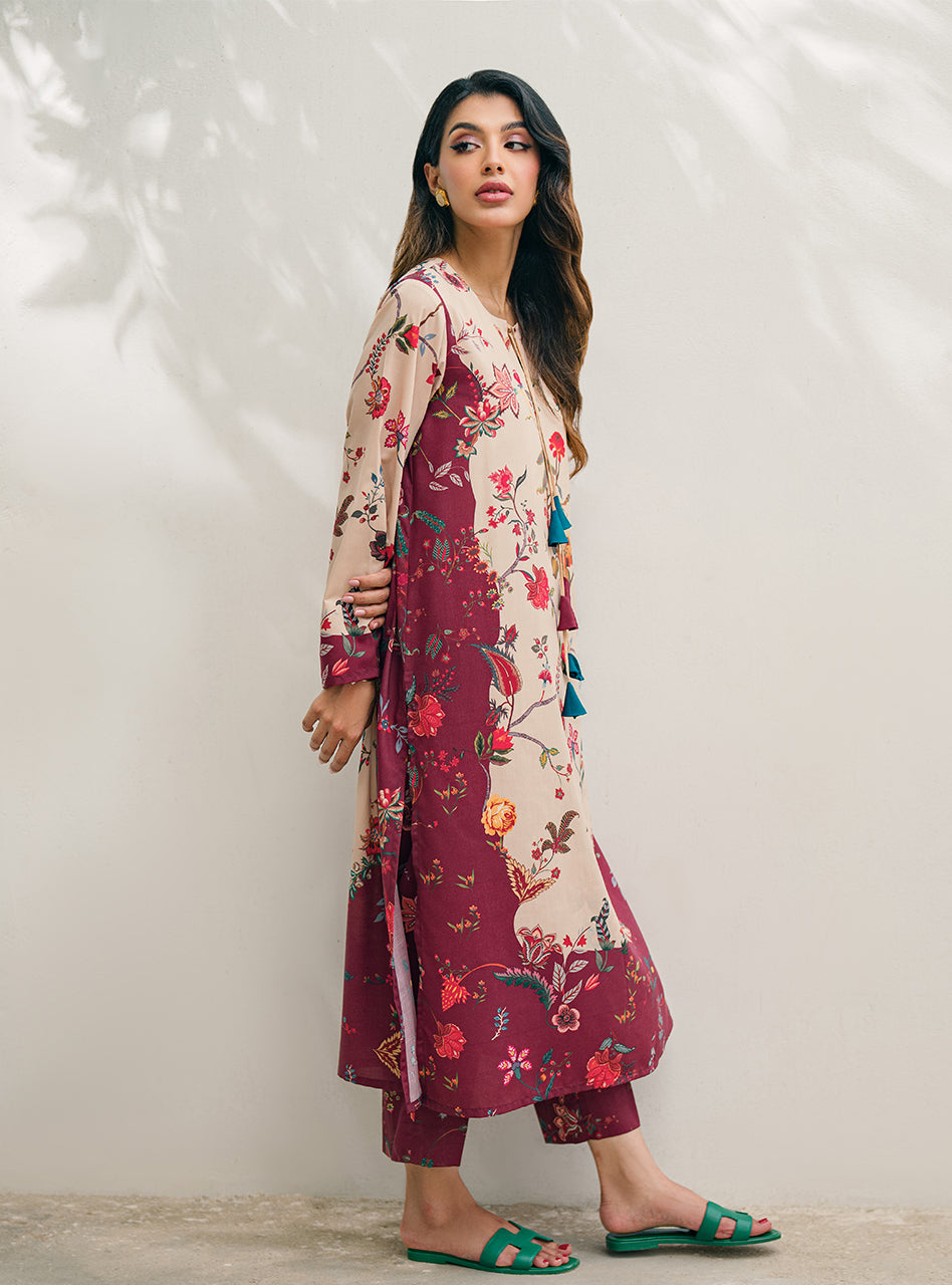 Creamy Wine Natural Crepe Kurta & Pant Set