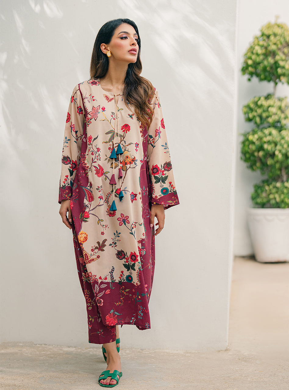 Creamy Wine Natural Crepe Kurta & Pant Set