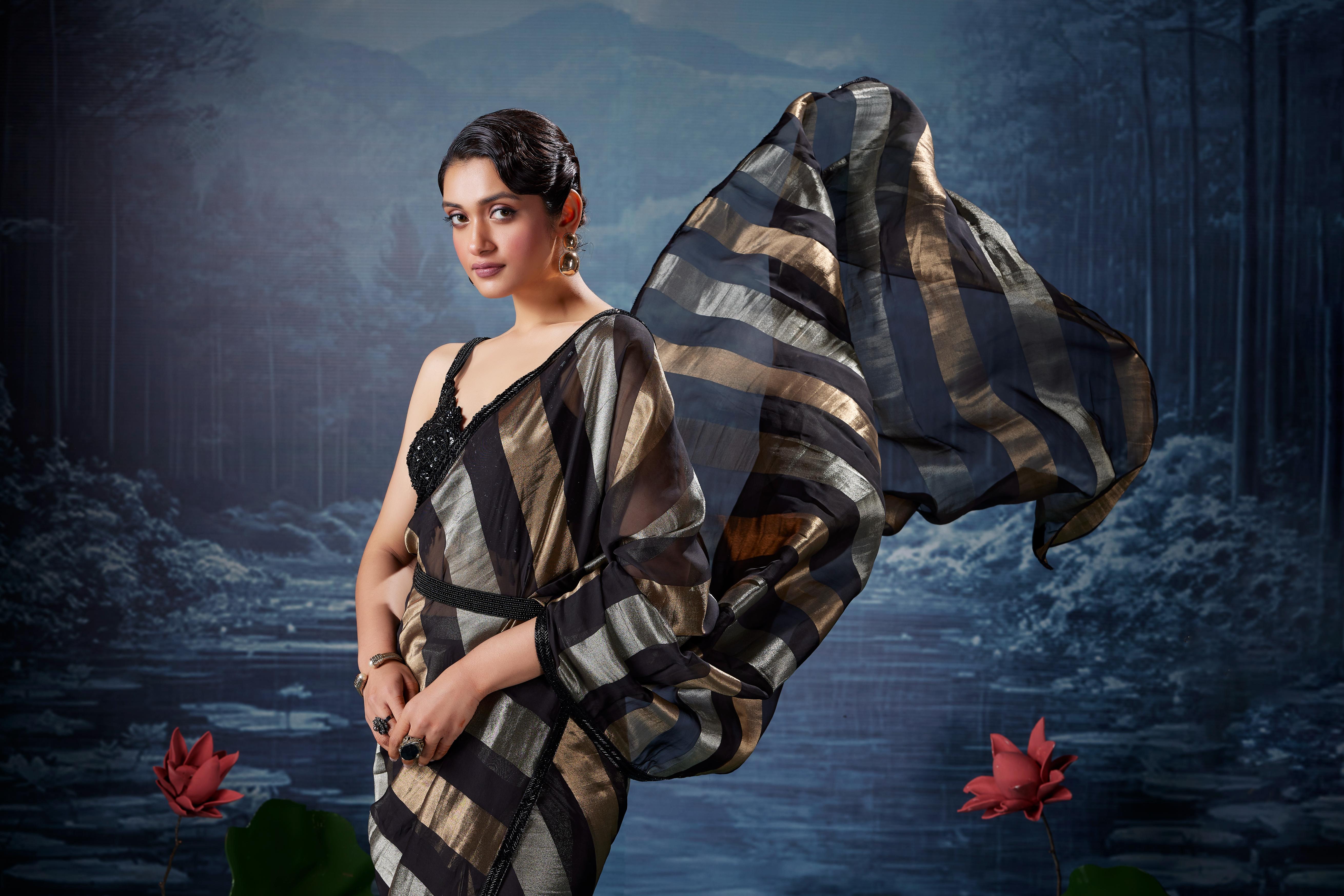 Charcoal Black Embellished Shimmer Tissue Silk Saree