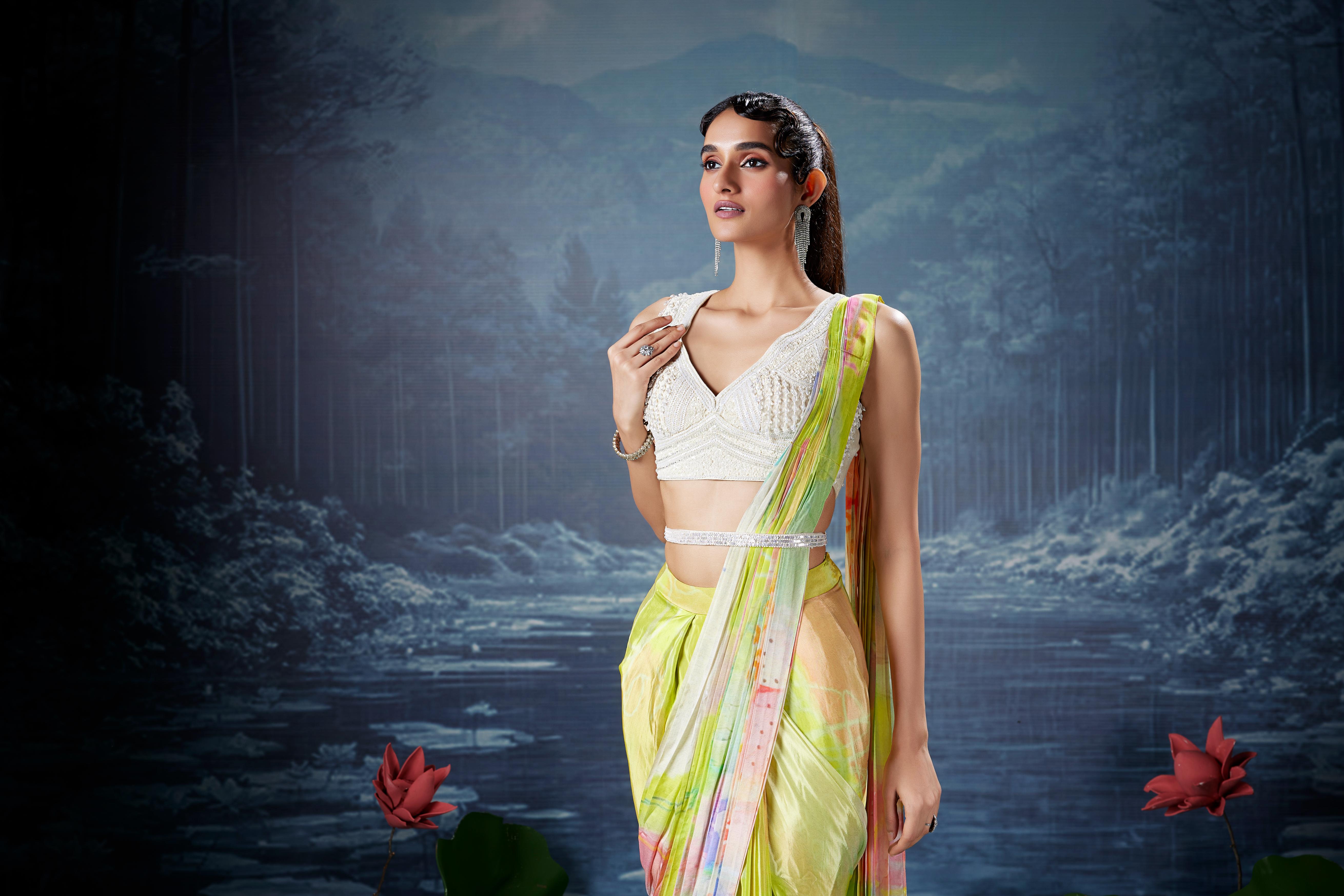 Lime Green Floral Printed Crepe Silk Saree