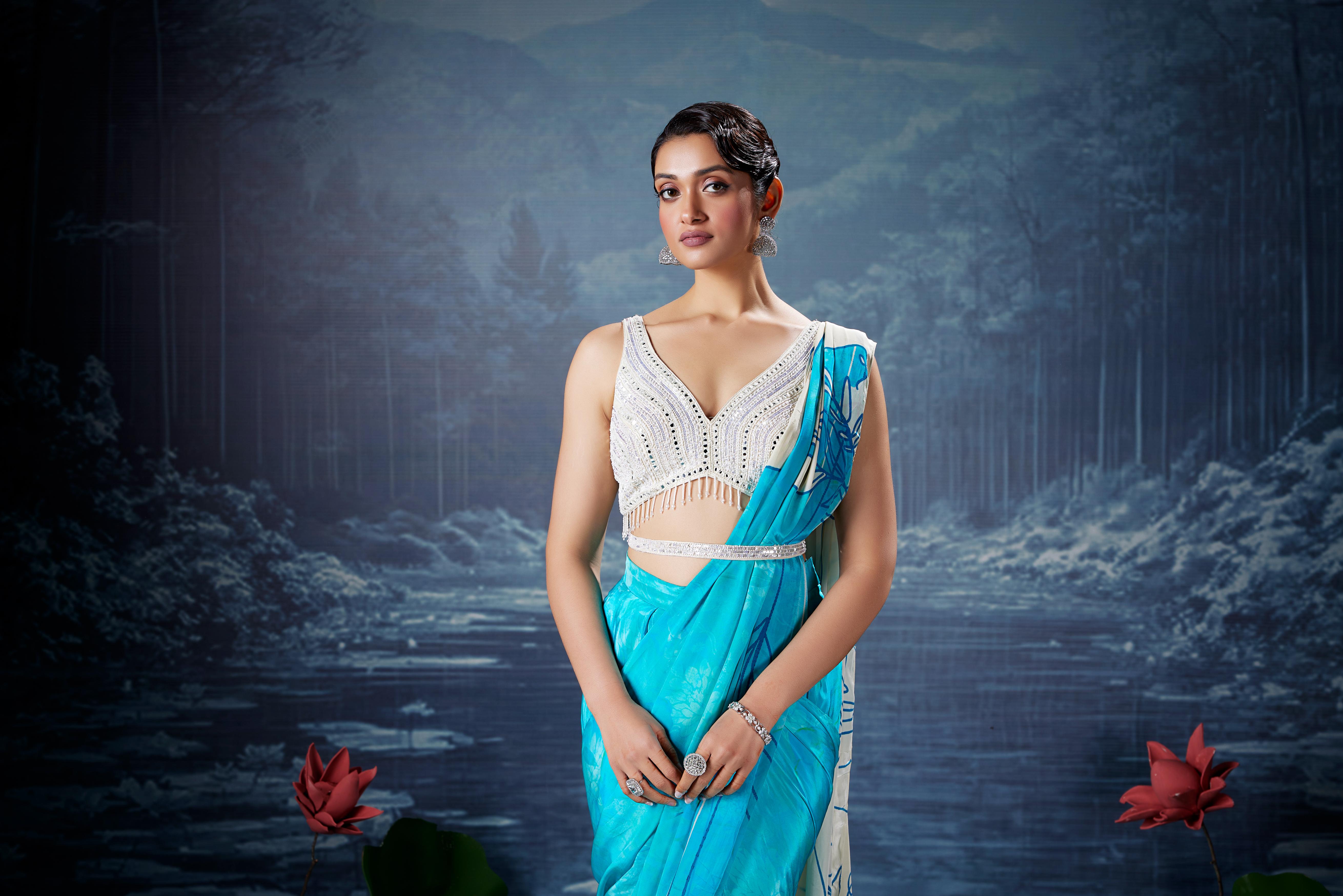 Aqua Blue Floral Printed Crepe Silk Saree