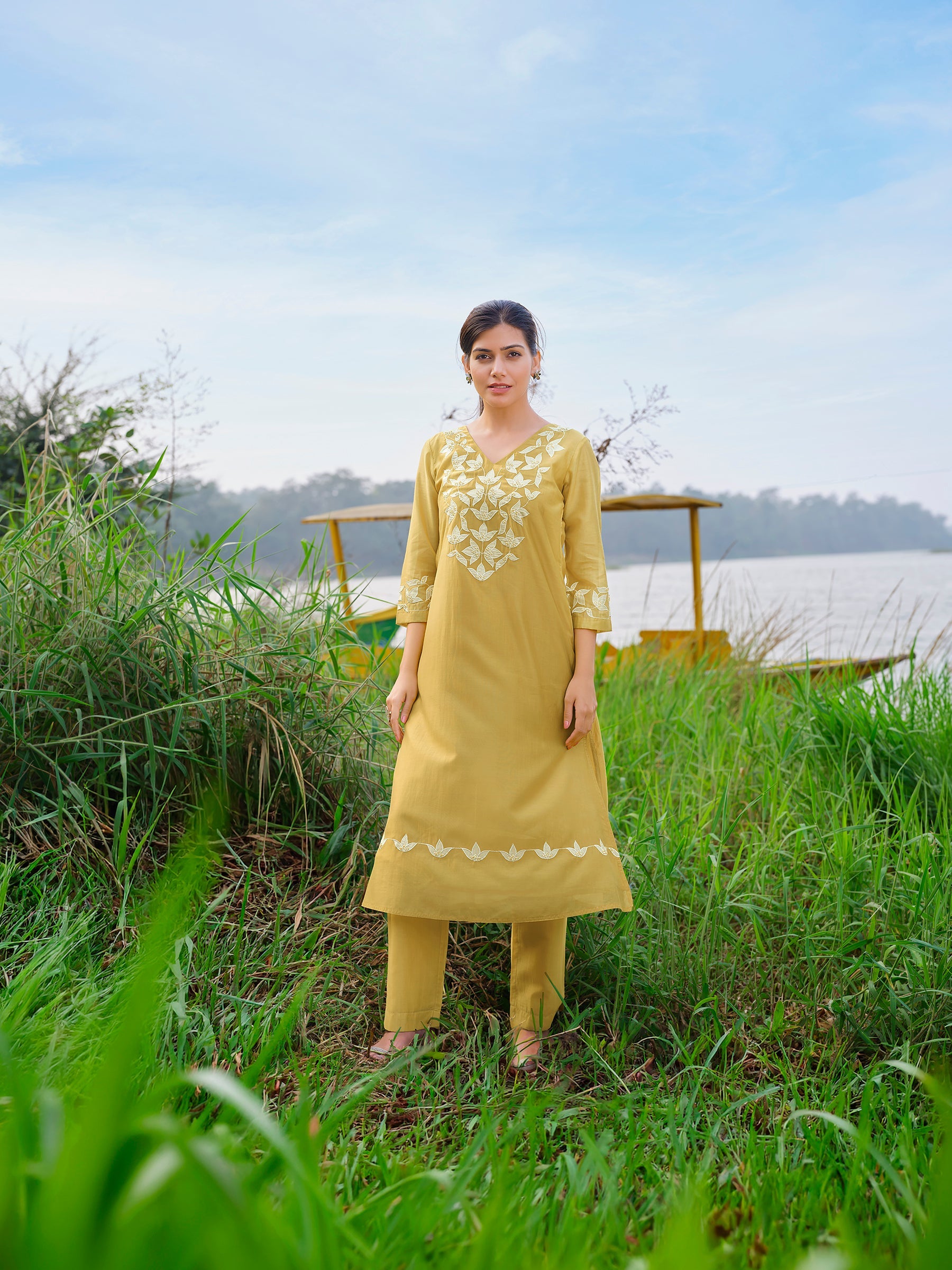 Moss Yellow Embroidered Chanderi Silk Kurta Set