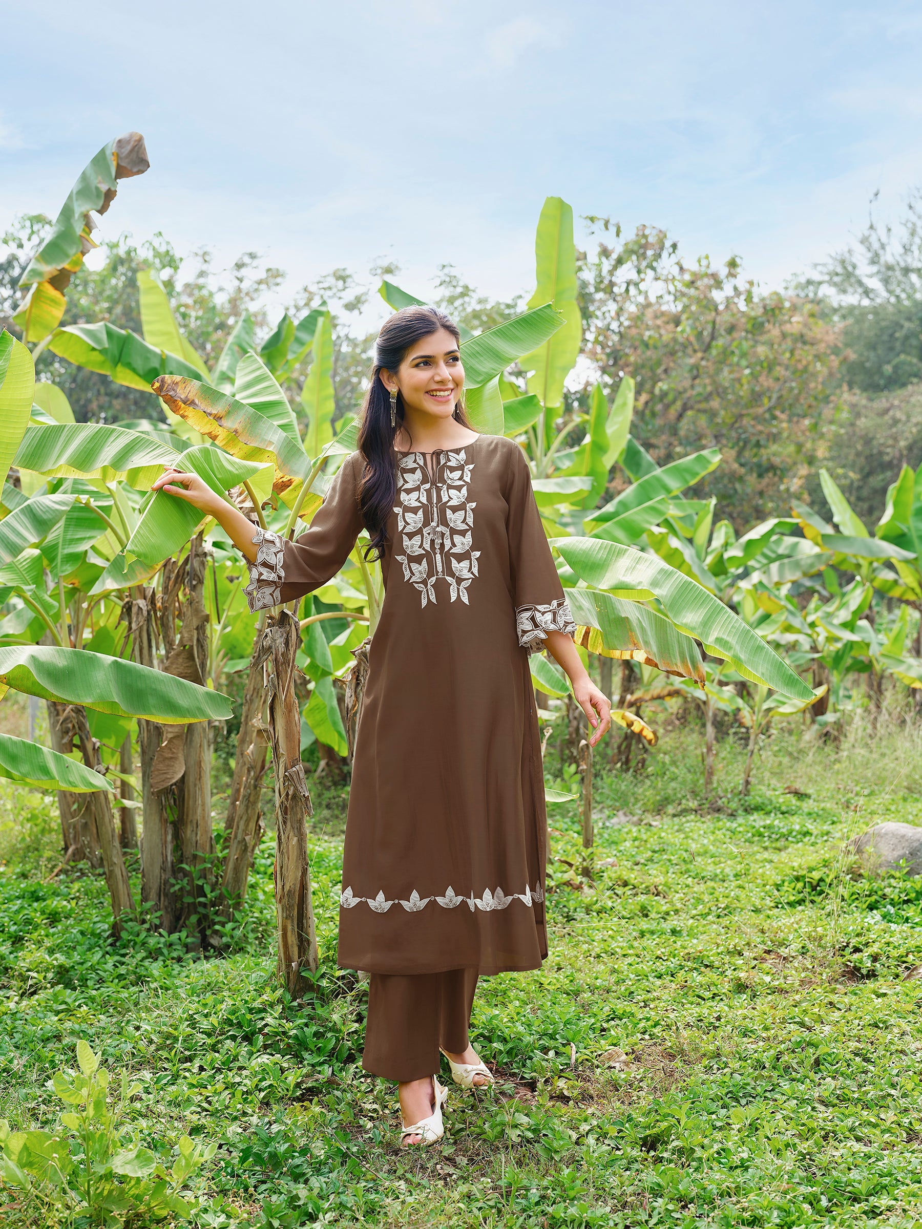 Chocolate Brown Embroidered Chanderi Silk Kurta Set