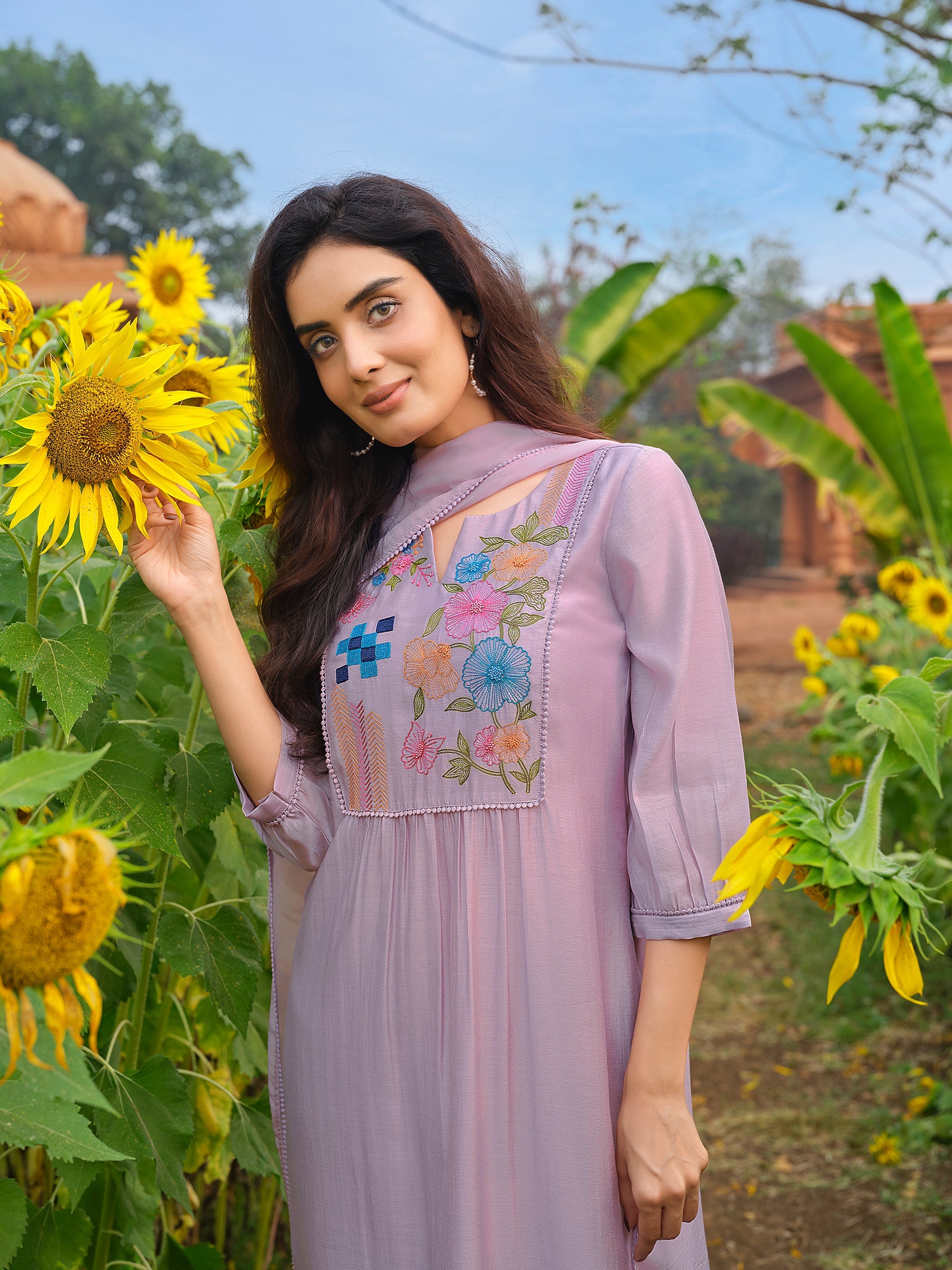 Dusty Purple Floral Embroidered Chanderi Silk Pant Set