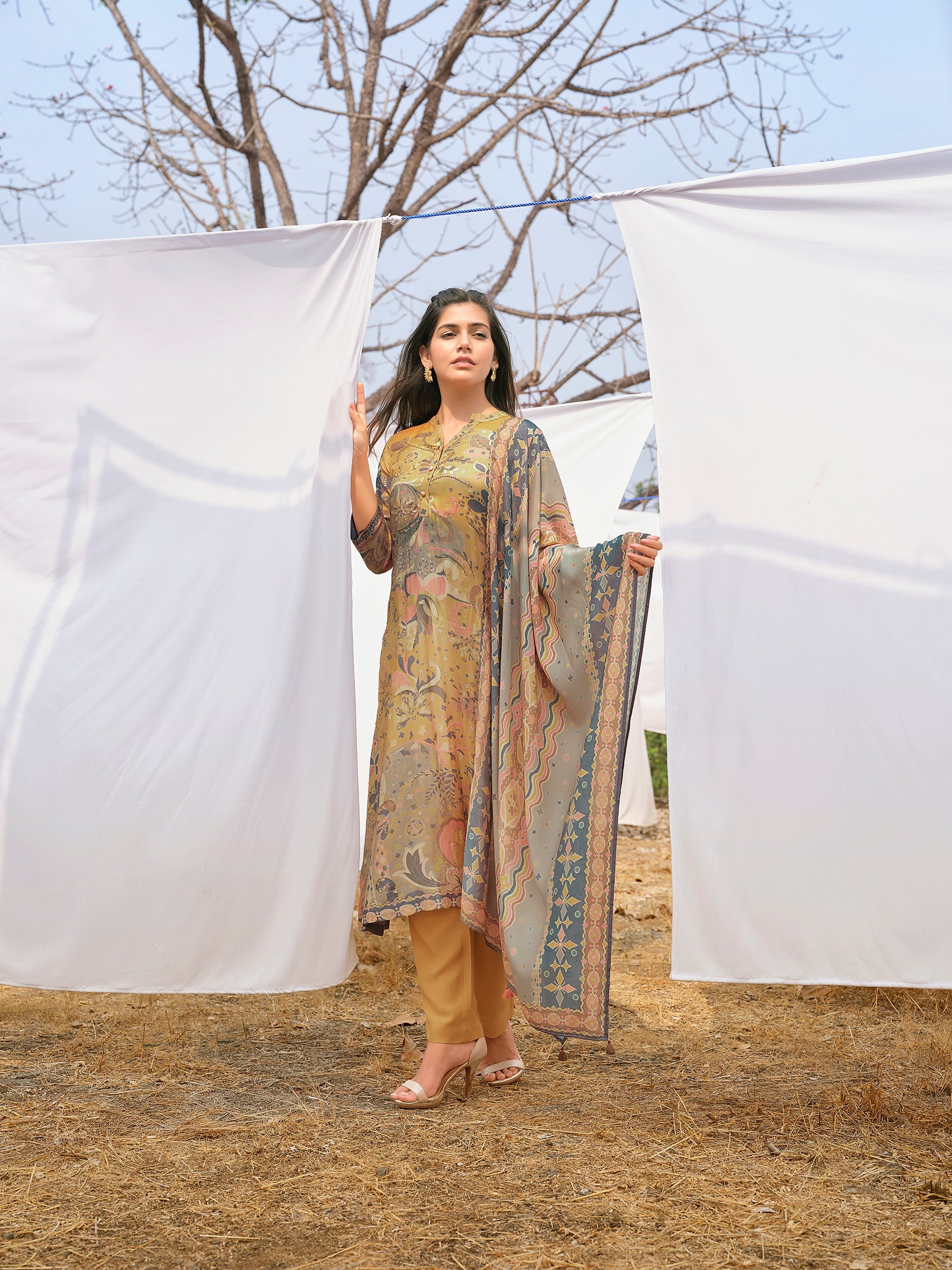 Muted Mustard Botanical Printed Cotton Pant Set