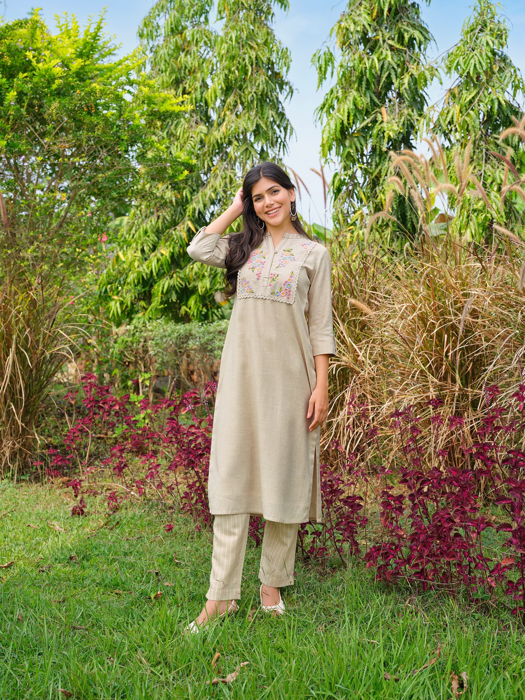 Sand Beige Floral Embroidered Cotton Kurta Set
