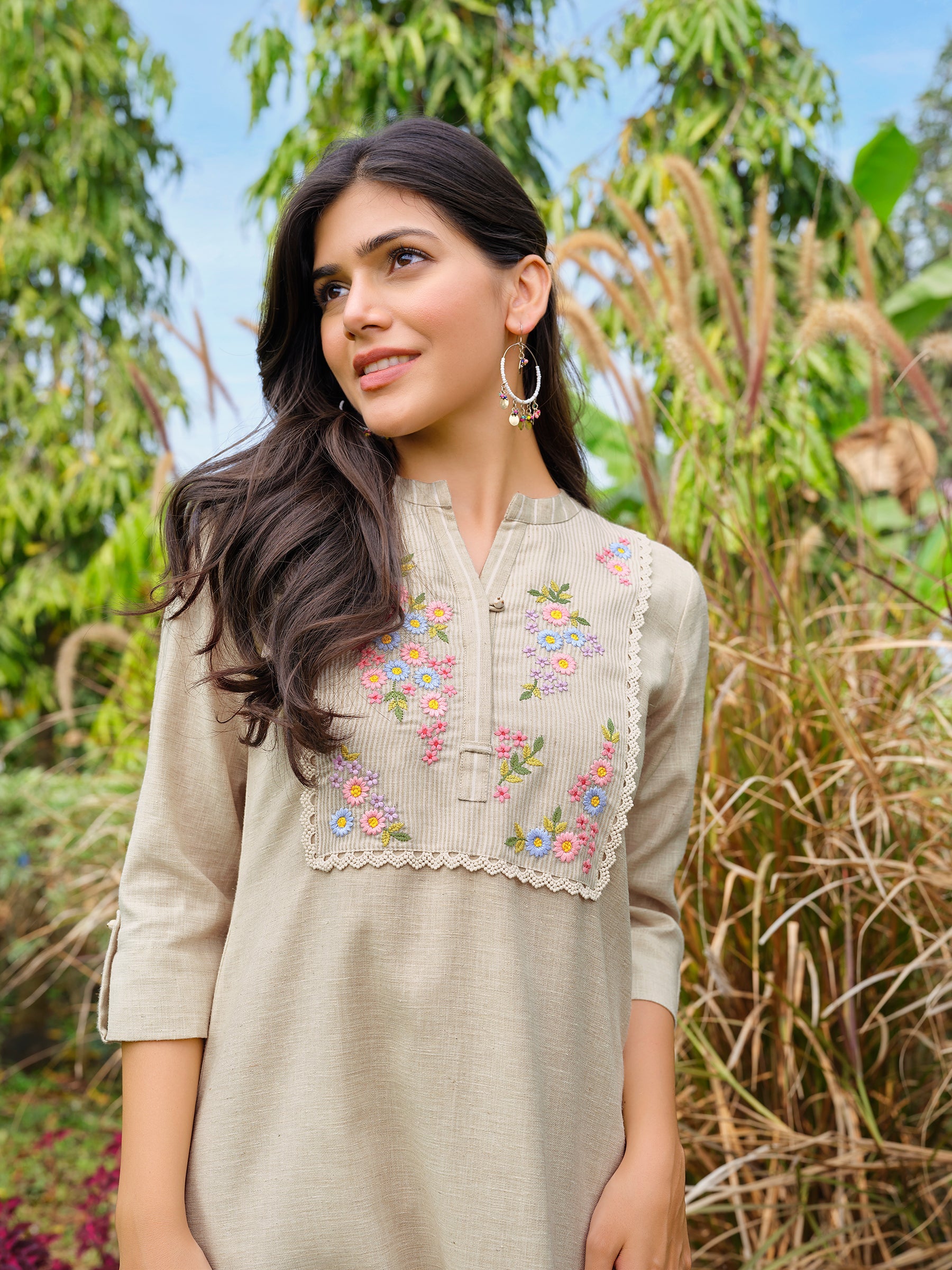Sand Beige Floral Embroidered Cotton Kurta Set