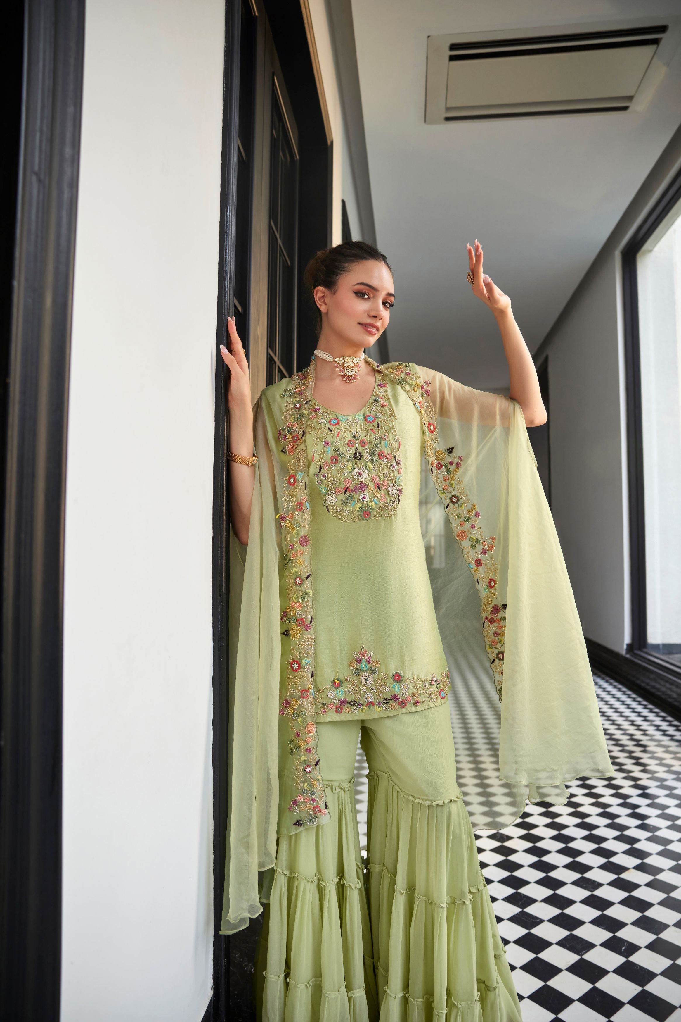 Light Green Embellished Dola Silk Sharara Set