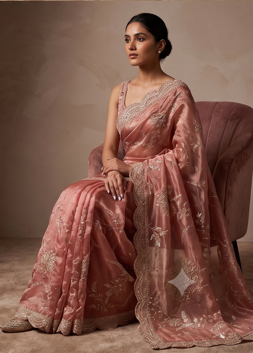 Peach Embellished Tissue Silk Saree