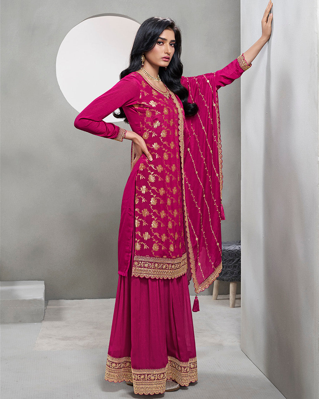Magenta Pink Chinon Silk Kurta & Palazzo Set
