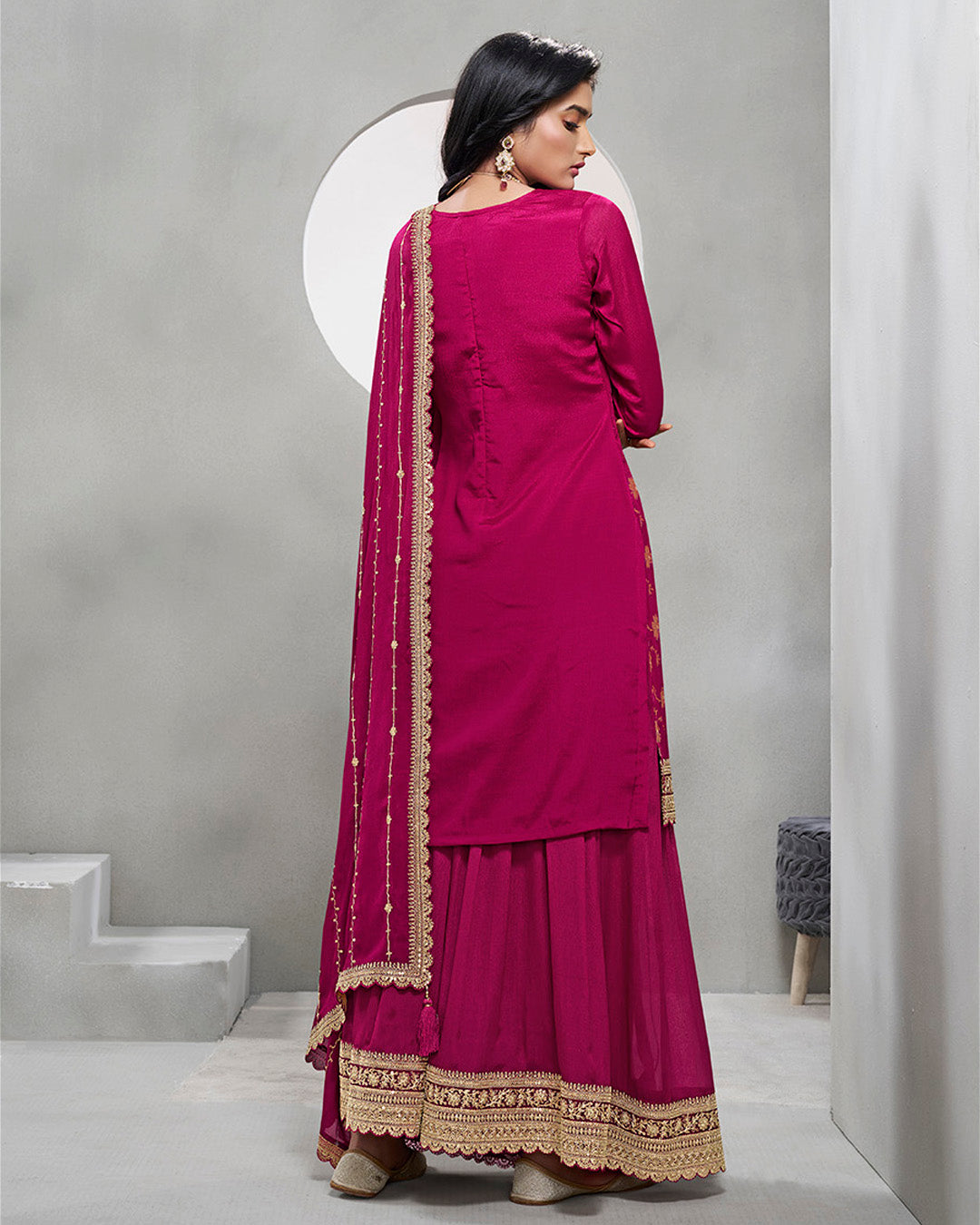 Magenta Pink Chinon Silk Kurta & Palazzo Set