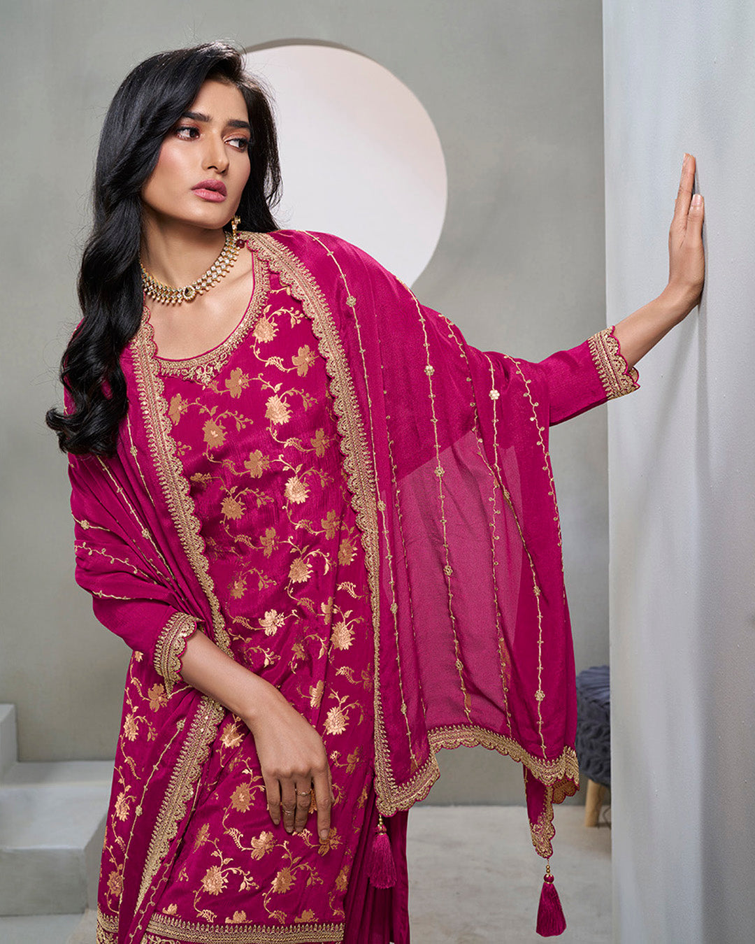Magenta Pink Chinon Silk Kurta & Palazzo Set