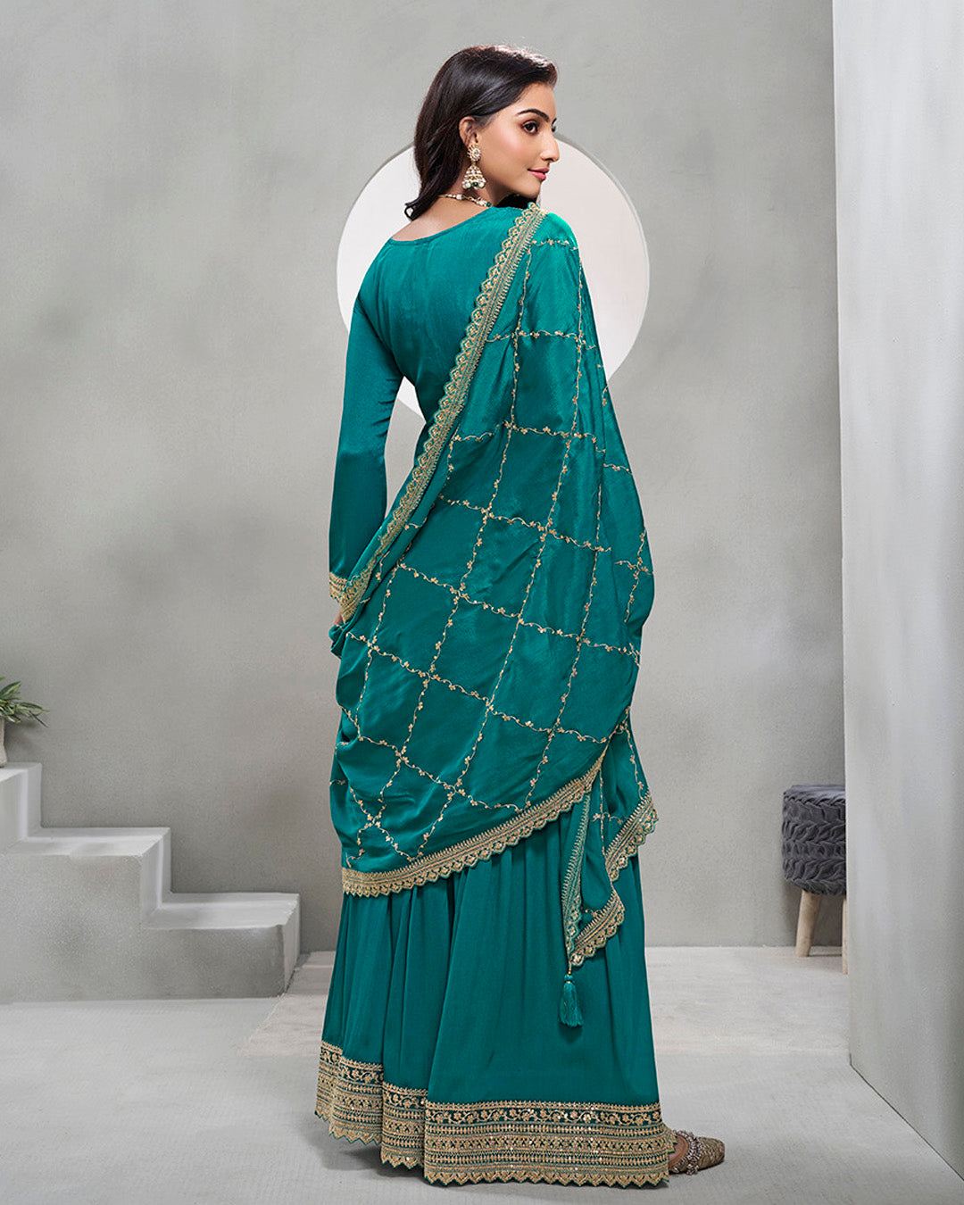 Teal Golden Chinon Silk Kurta & Palazzo Set