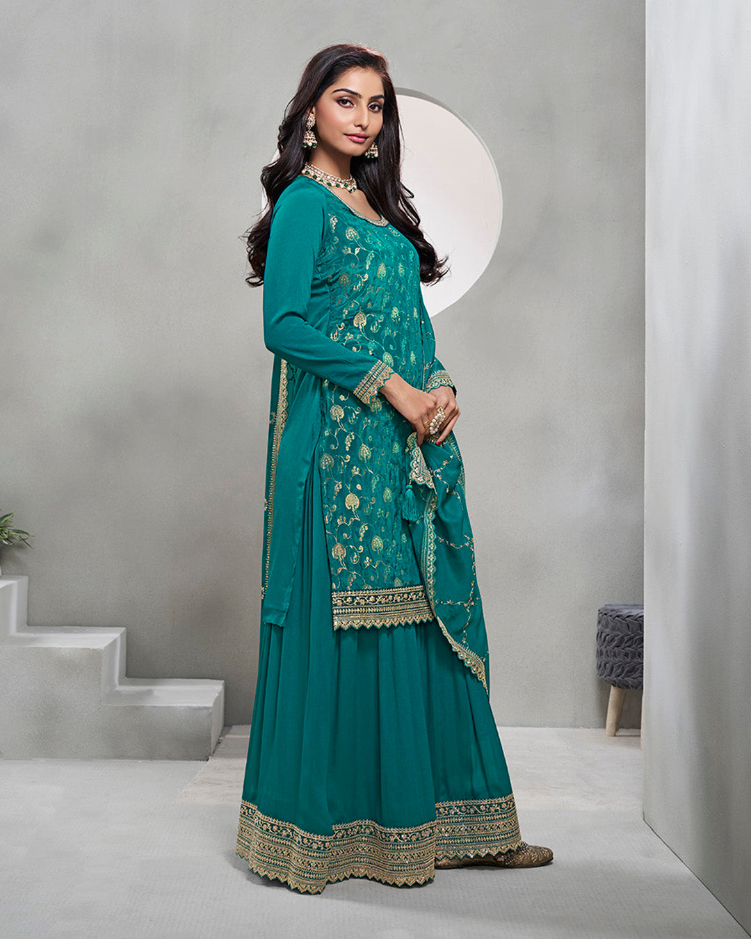 Teal Golden Chinon Silk Kurta & Palazzo Set