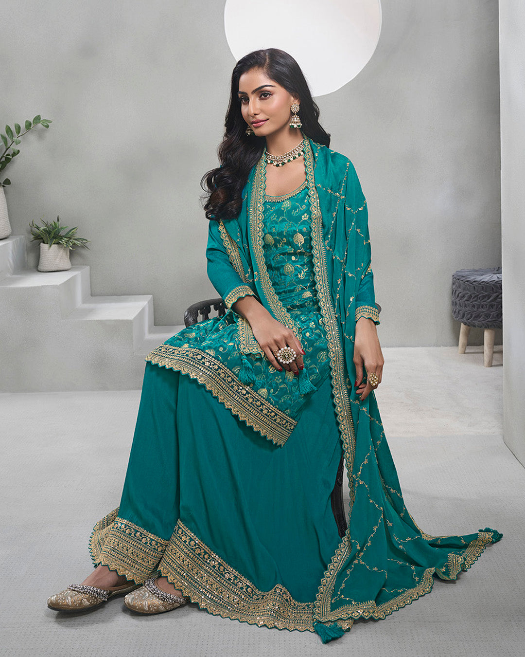 Teal Golden Chinon Silk Kurta & Palazzo Set