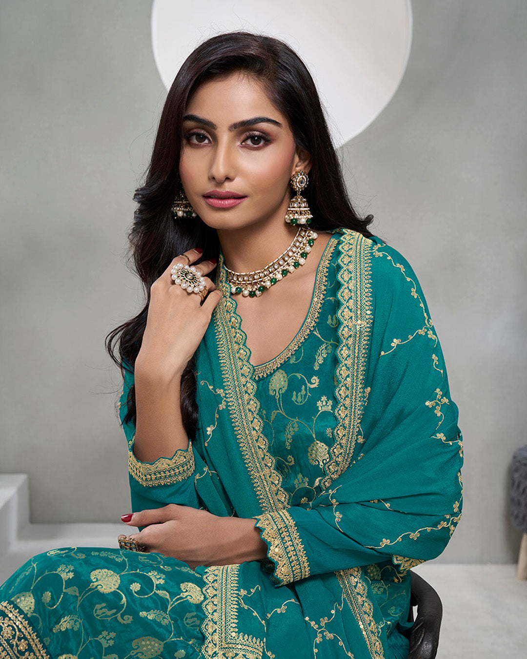 Teal Golden Chinon Silk Kurta & Palazzo Set