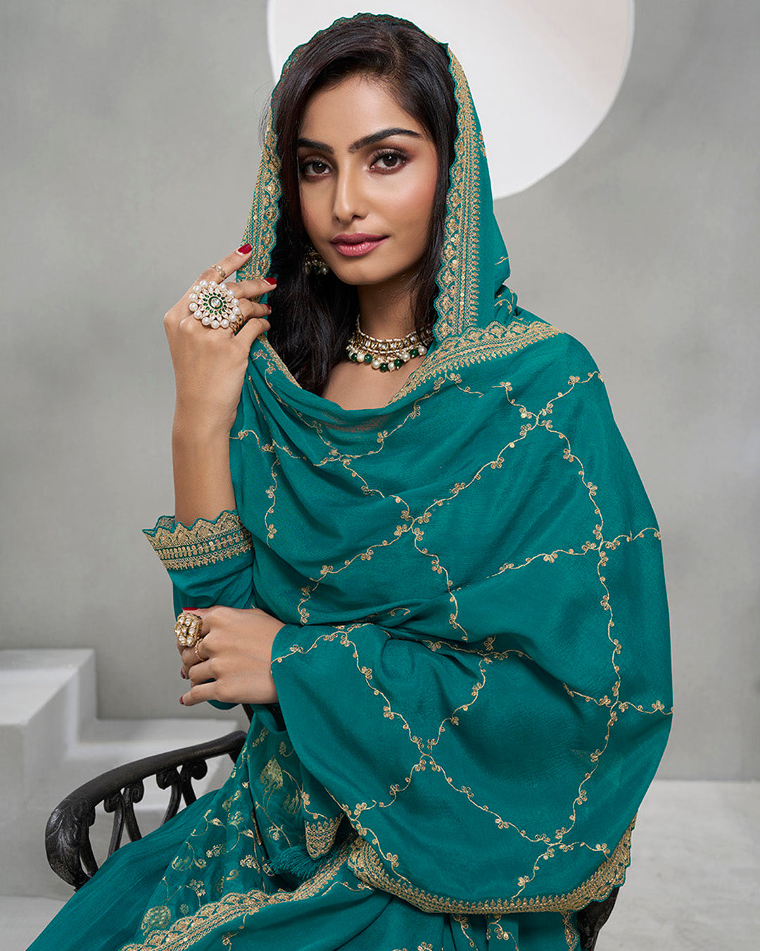 Teal Golden Chinon Silk Kurta & Palazzo Set