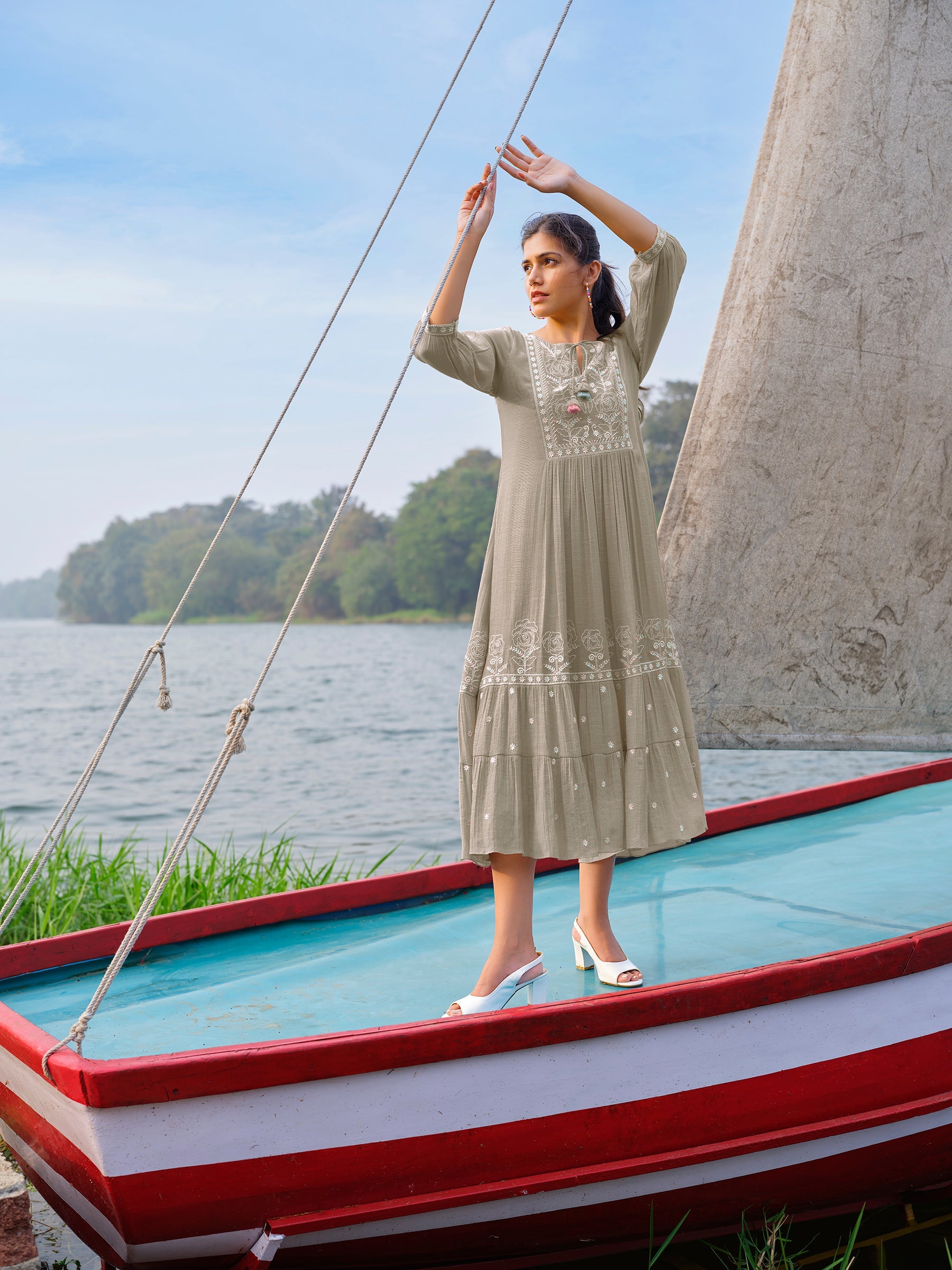 Natural Beige Embroidered Viscose Silk Dress