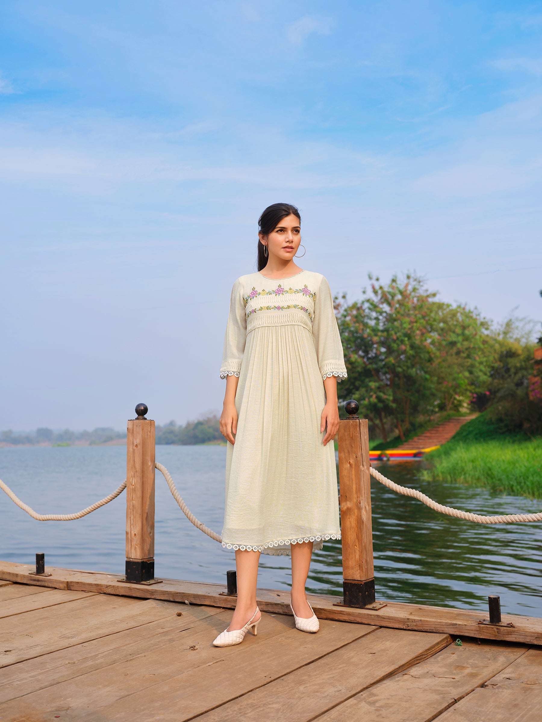 Ivory Floral Embroidered Viscose Silk Dress