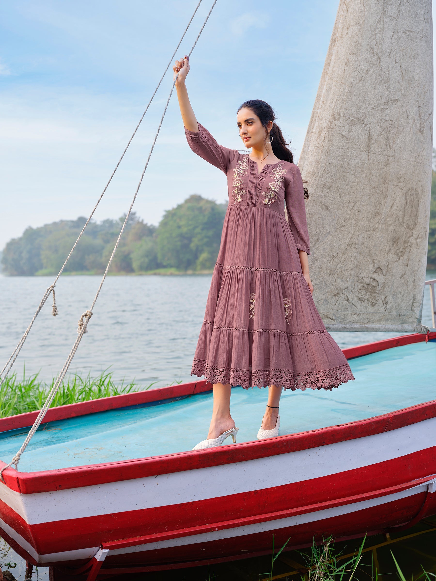 Dusty Mauve Floral Embroidered Viscose Silk Dress