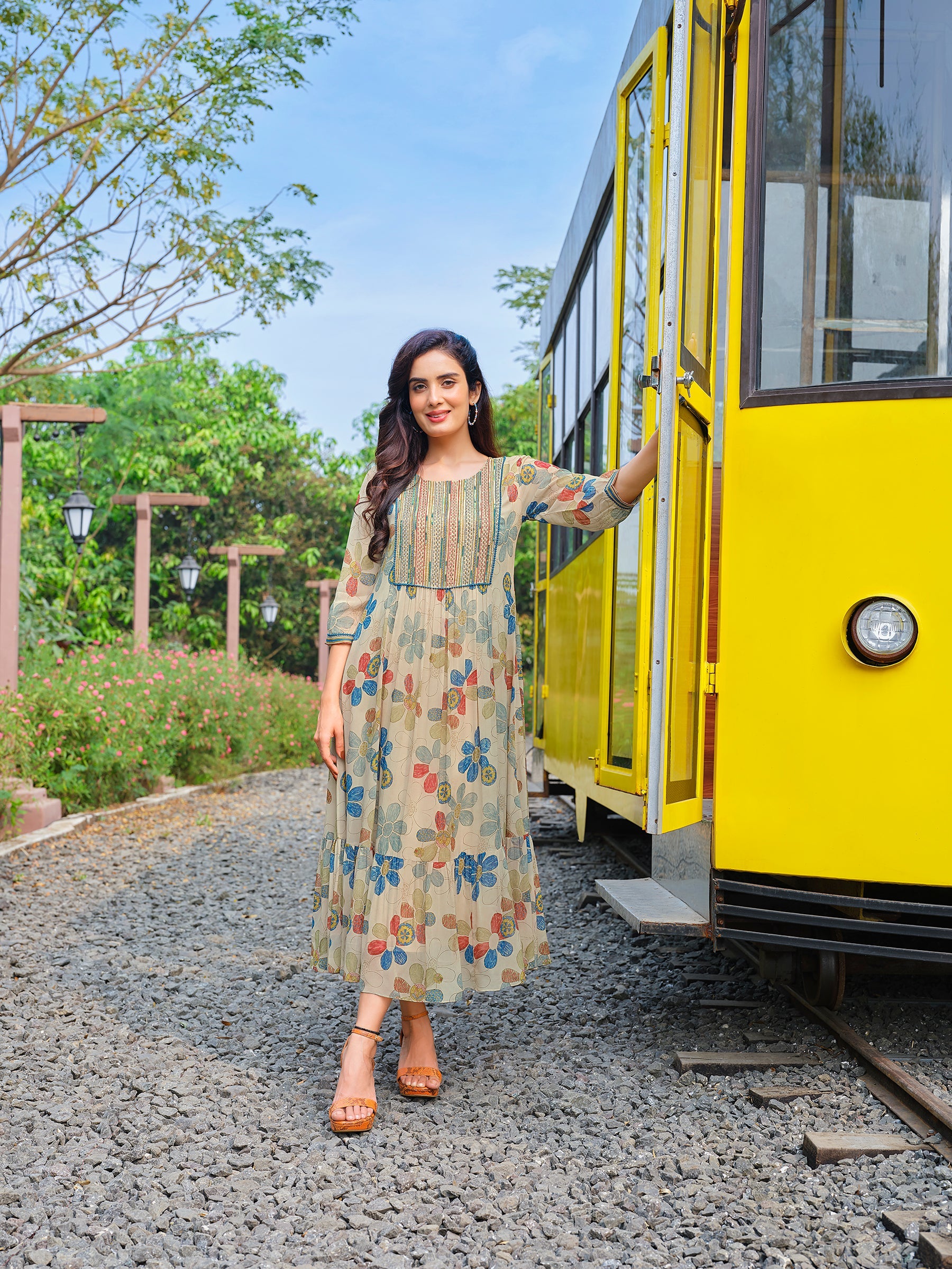 Sand Beige Printed Georgette Silk Dress