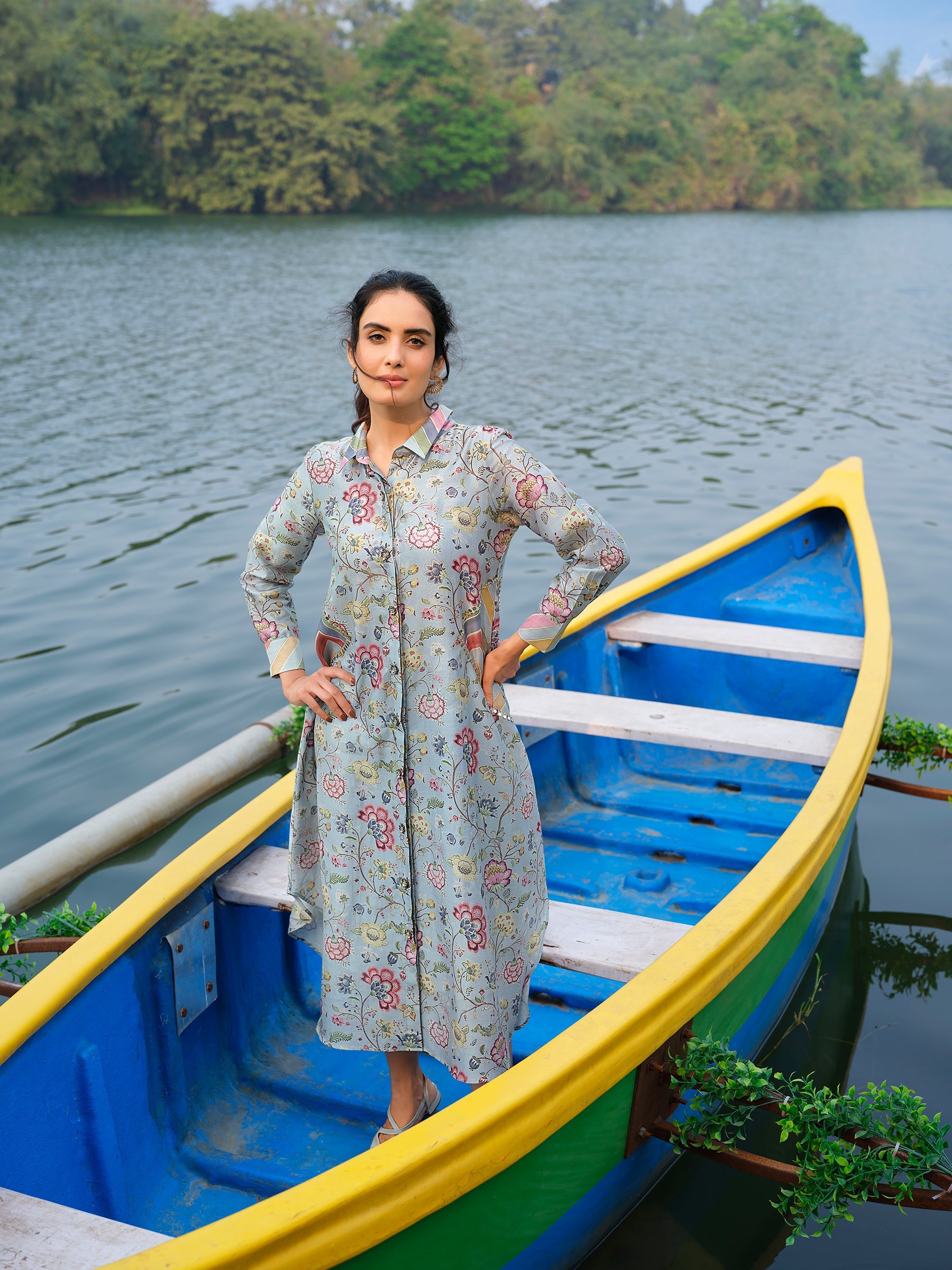Powder Blue Printed Chanderi Silk Dress