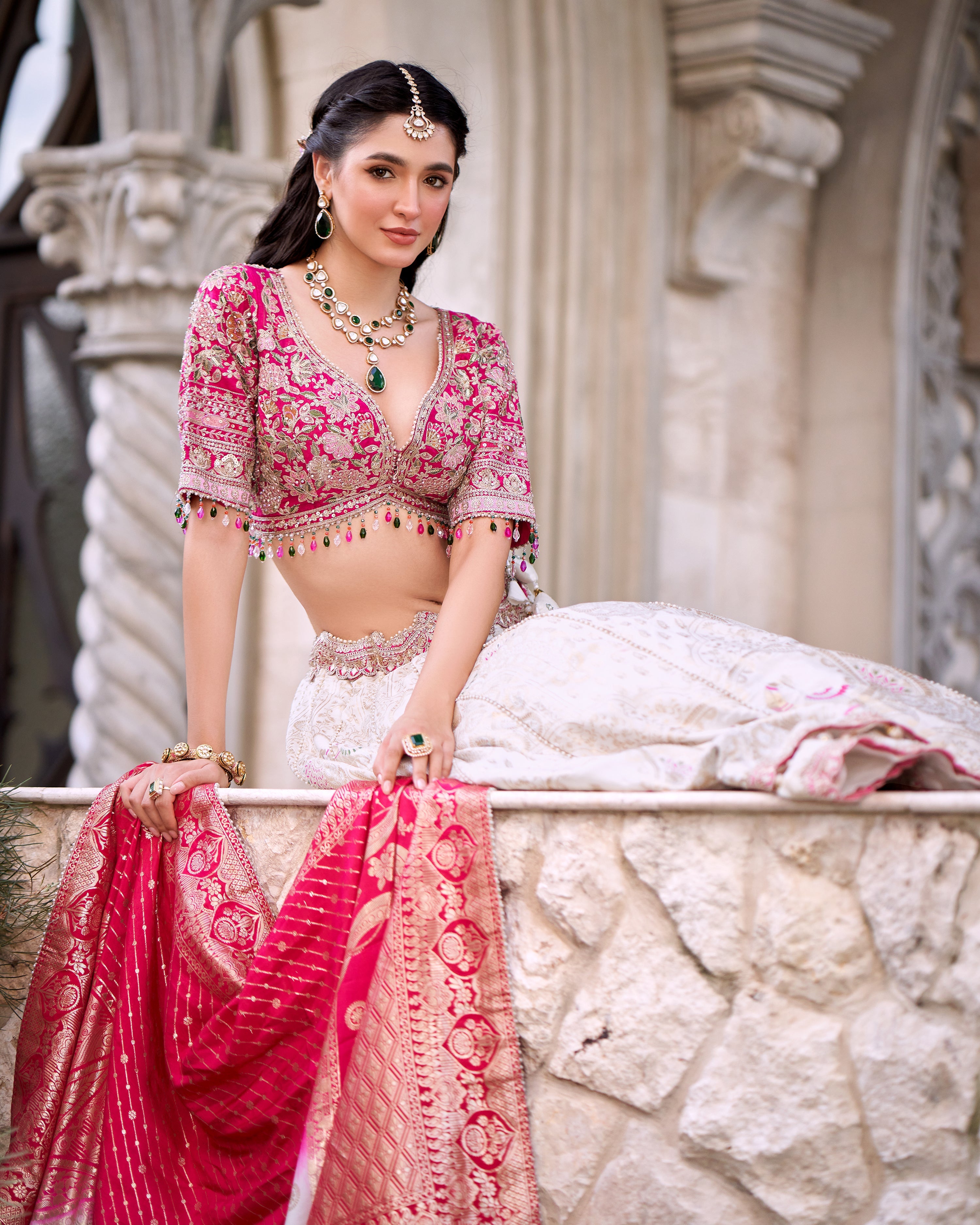 Off-White Embellished Brocade Silk Lehenga Set
