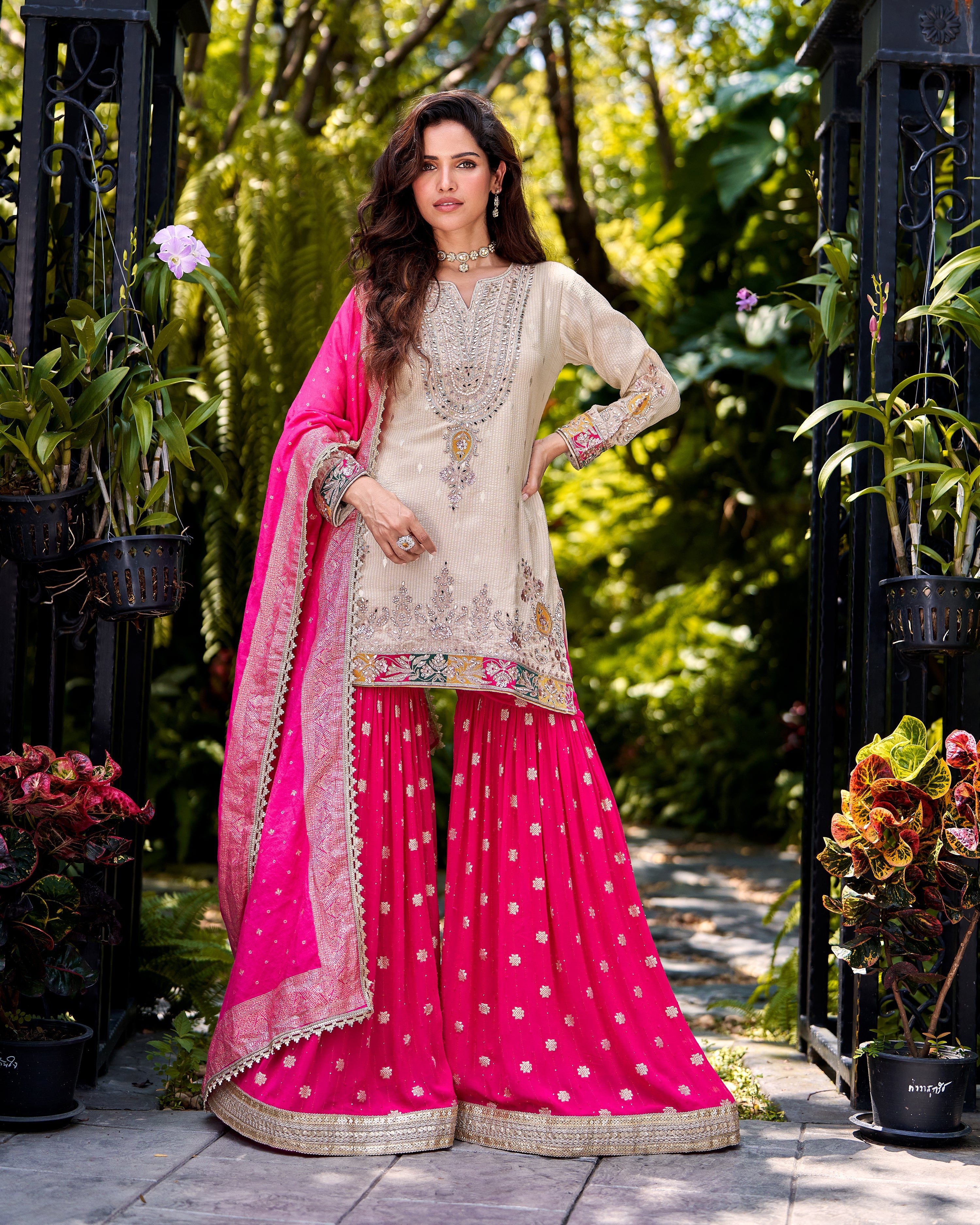 Fuchsia Pink Embellished Georgette Silk Sharara Set
