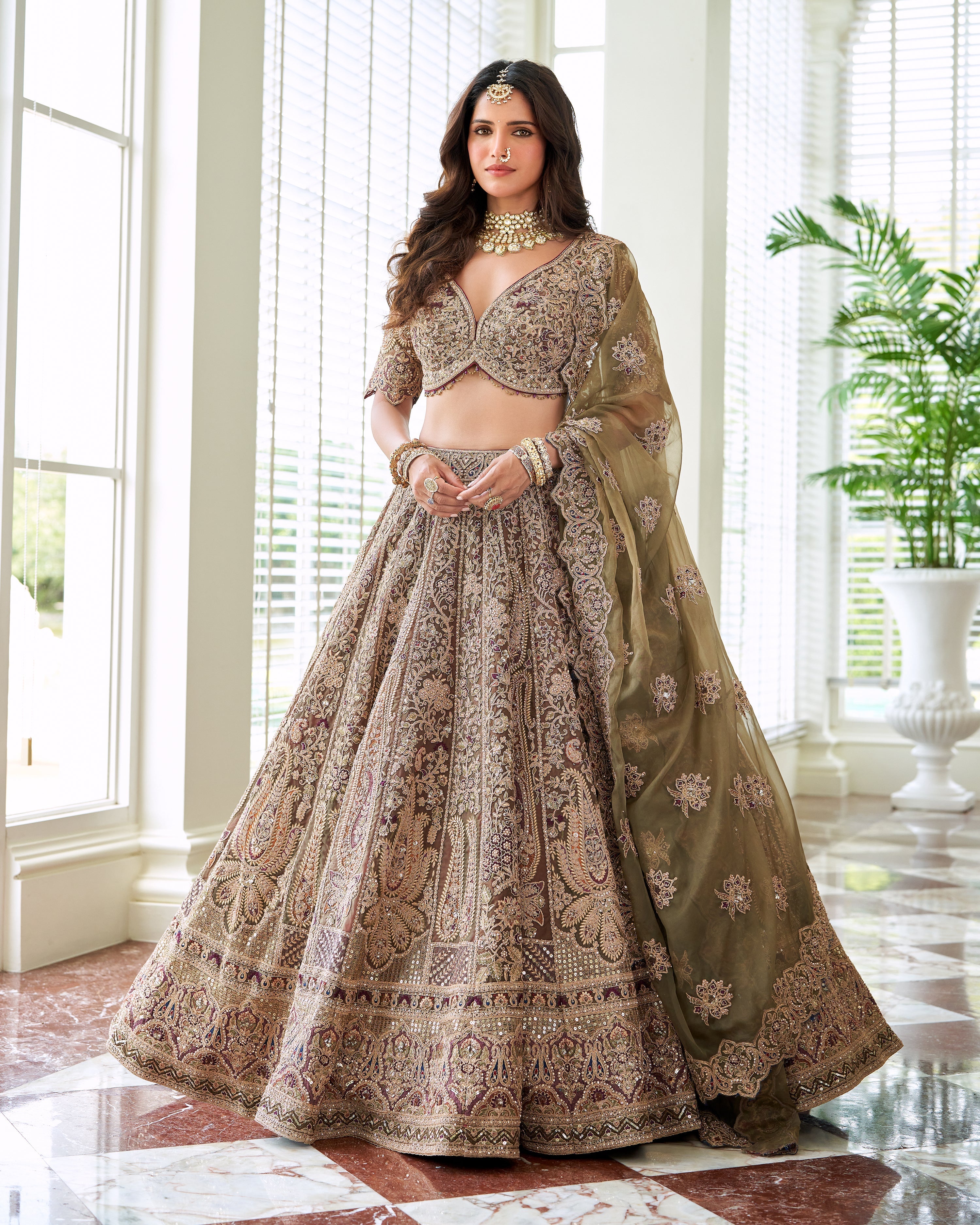 Antique Bronze Embellished Premium Silk Lehenga Set