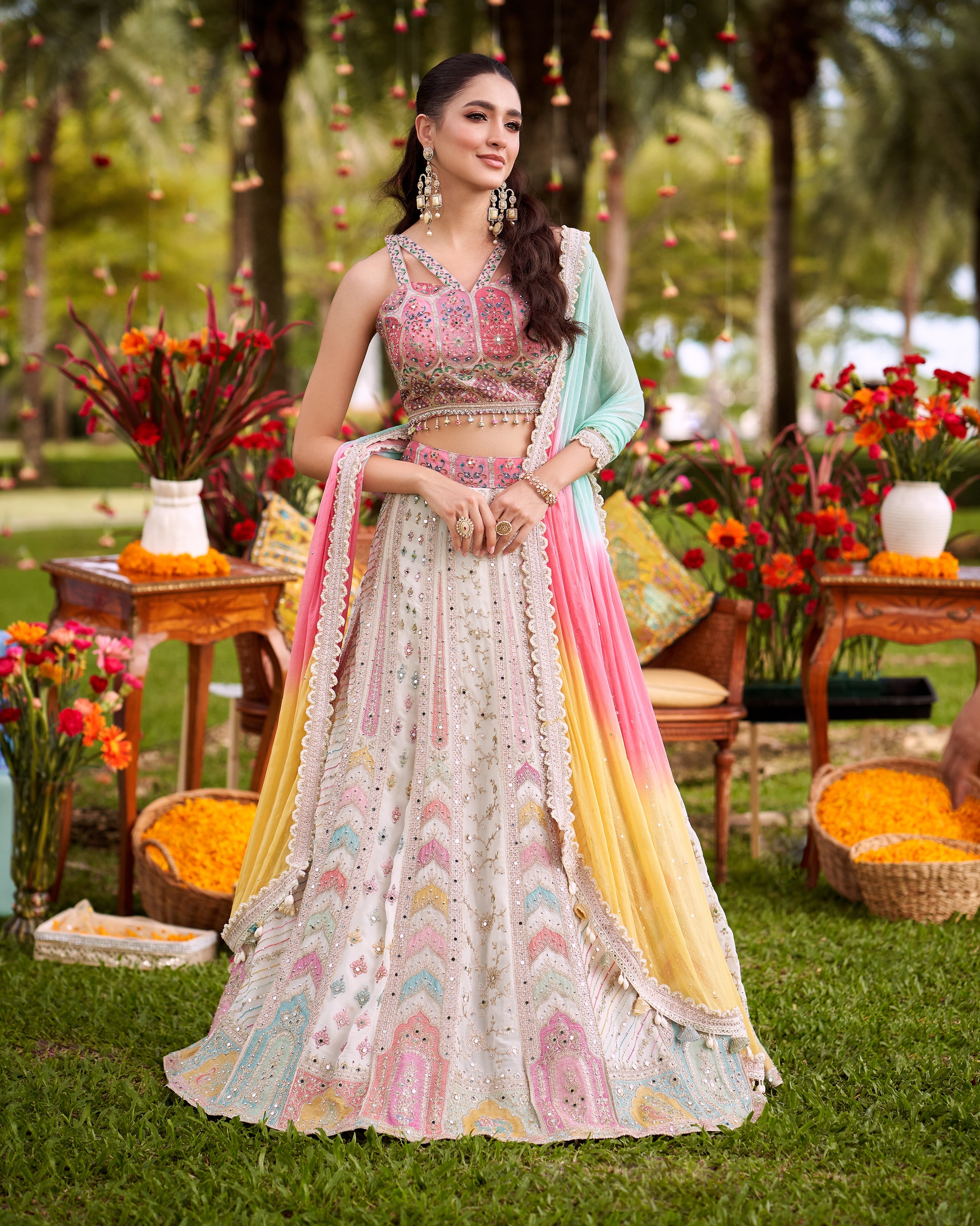 Pastel Multi Embellished Georgette Silk Lehenga Set