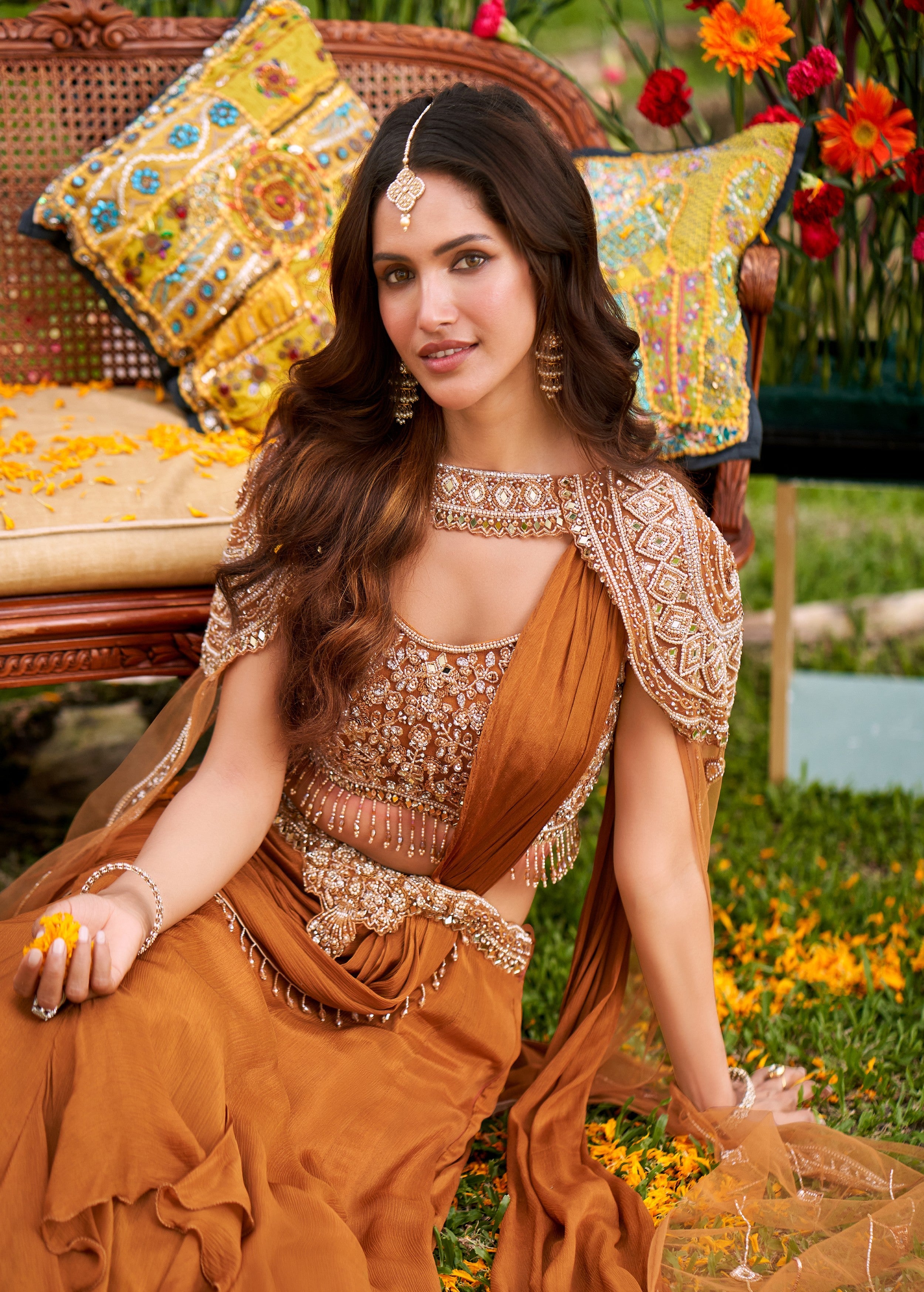 Copper Embellished Crepe Silk Skirt Set