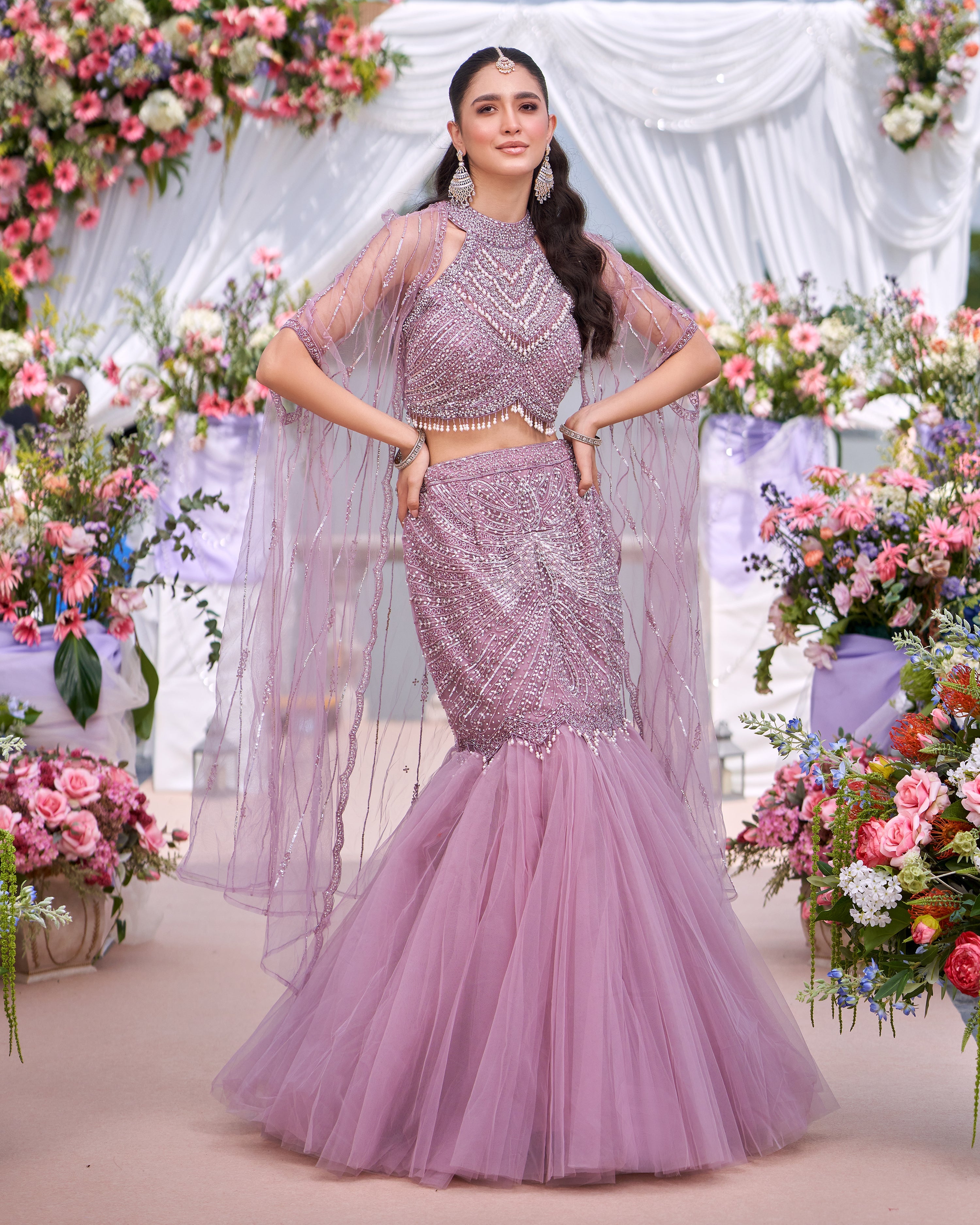 Pale Pink Embellished Premium Net Skirt Set