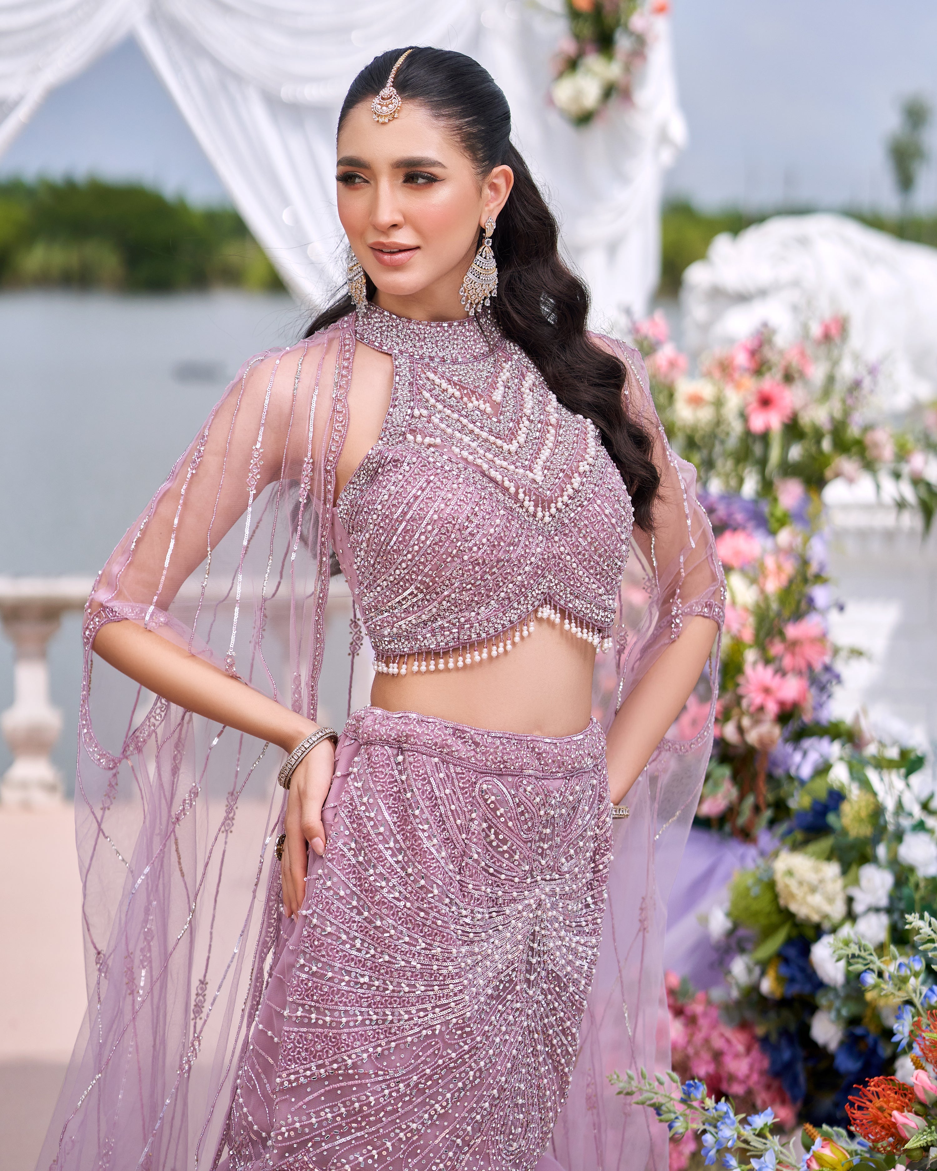 Pale Pink Embellished Premium Net Skirt Set