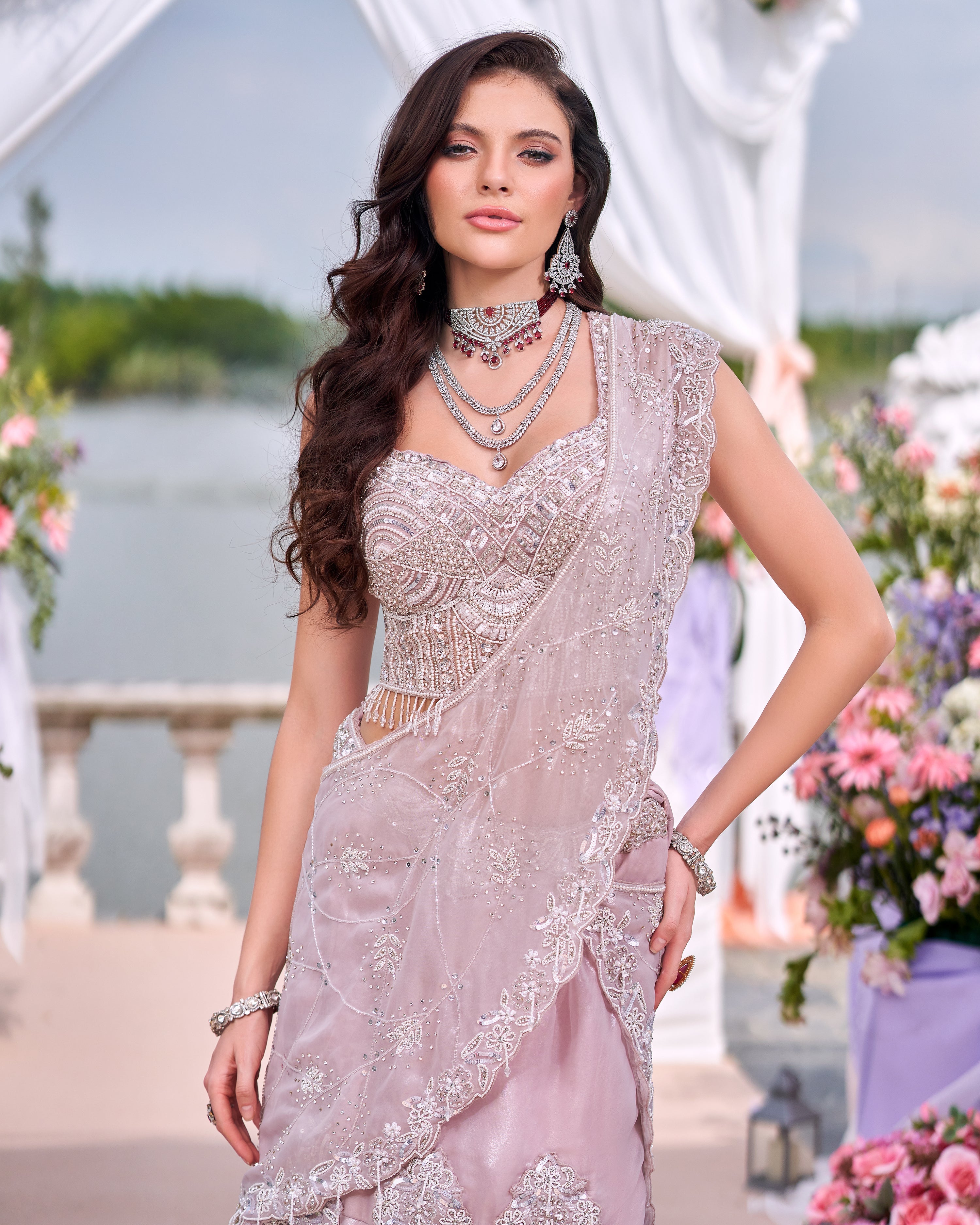 Nude Pink Embellished Shimmer Lycra Silk Skirt Set