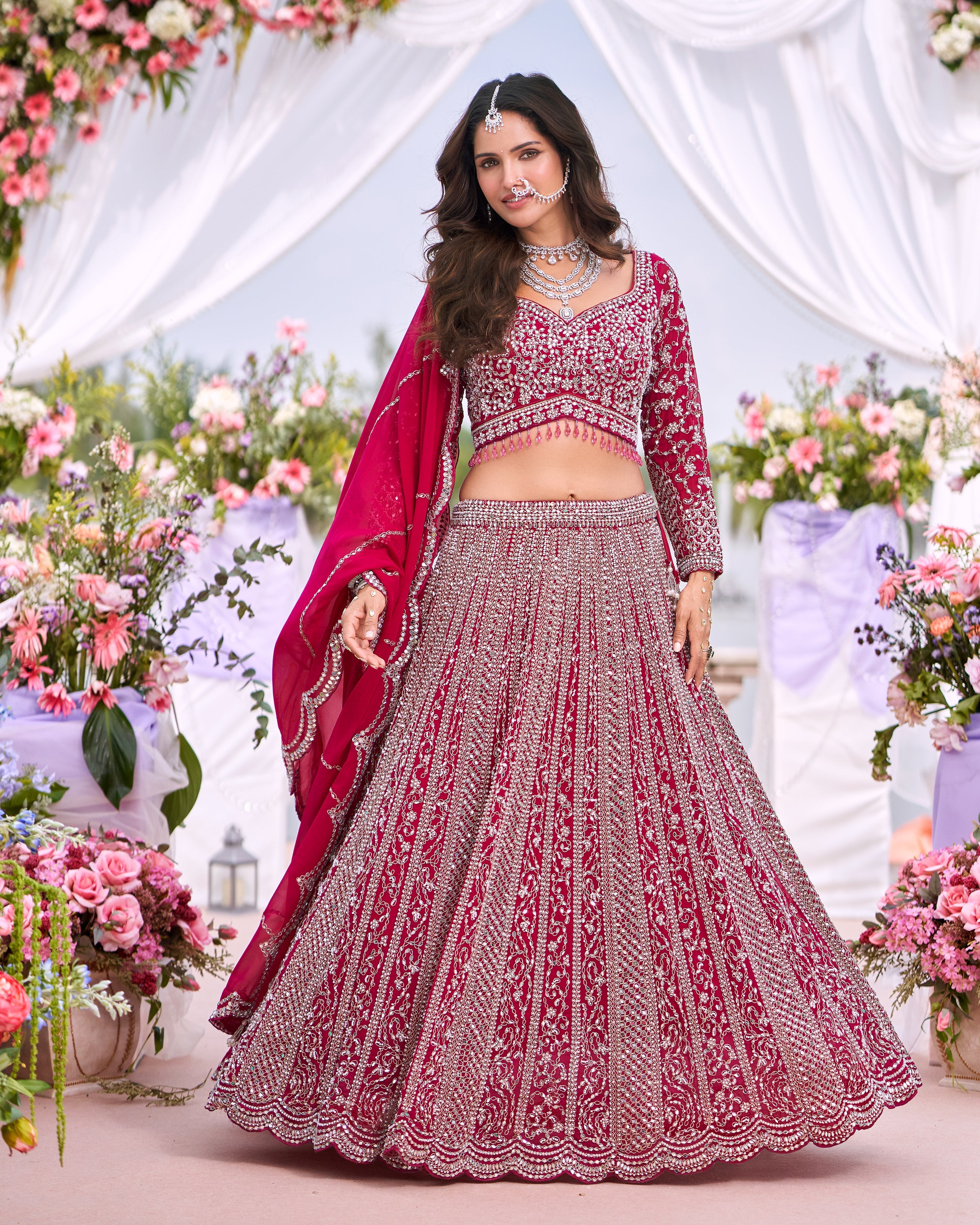 Hot Pink Embellished Georgette Silk Lehenga Set