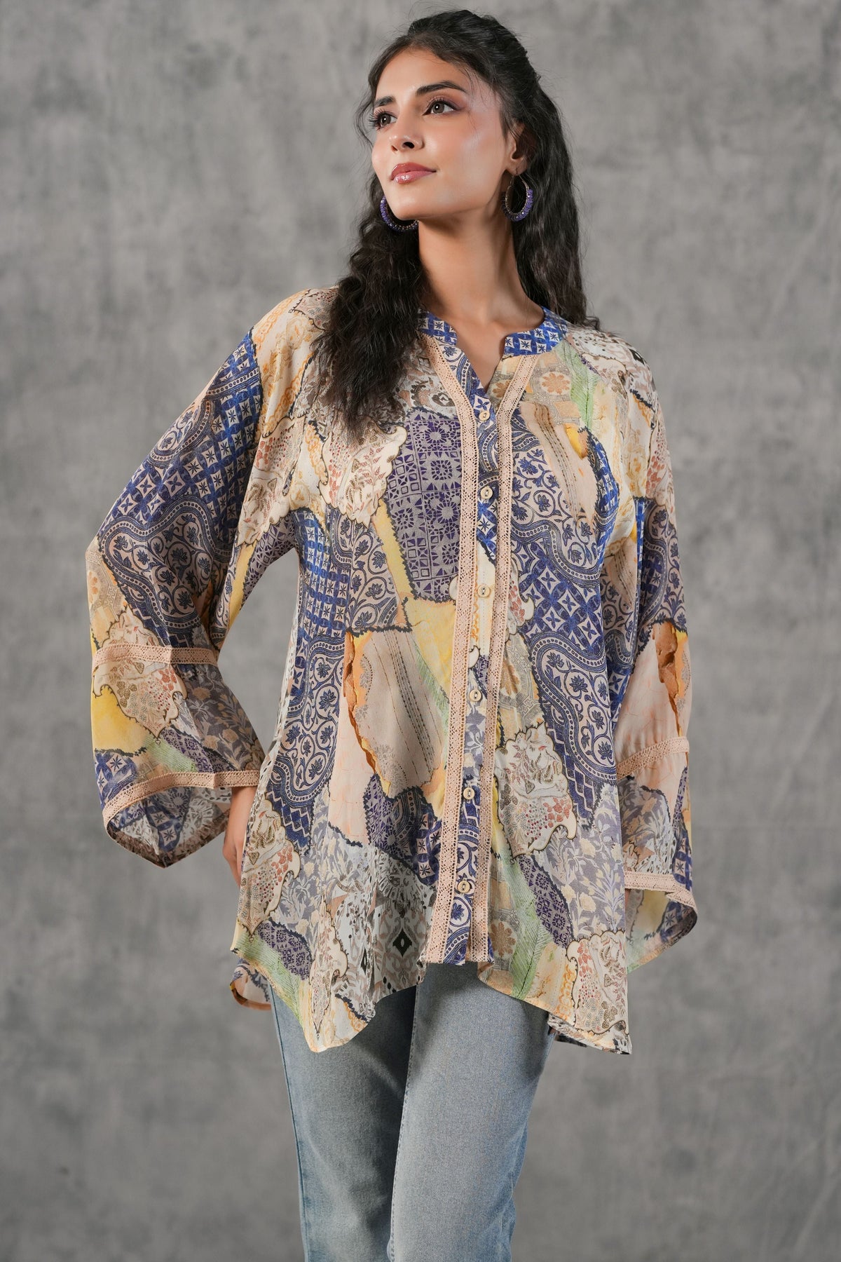 Indigo Ivory Printed Crepe Silk Shirt