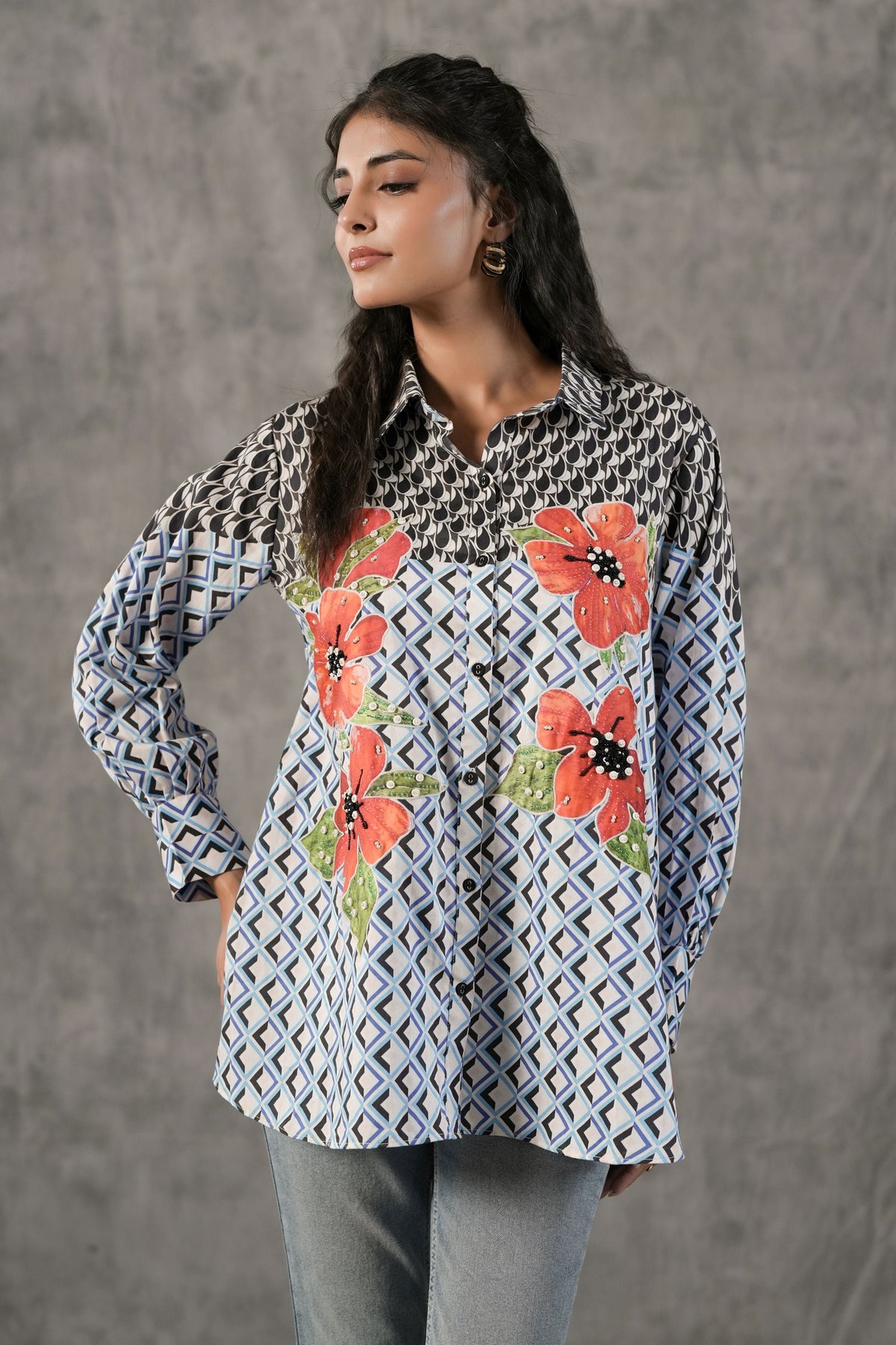 Sky Blue Geometric Printed Cotton Shirt