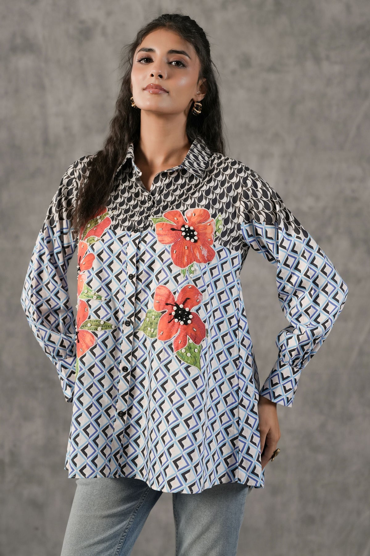 Sky Blue Geometric Printed Cotton Shirt
