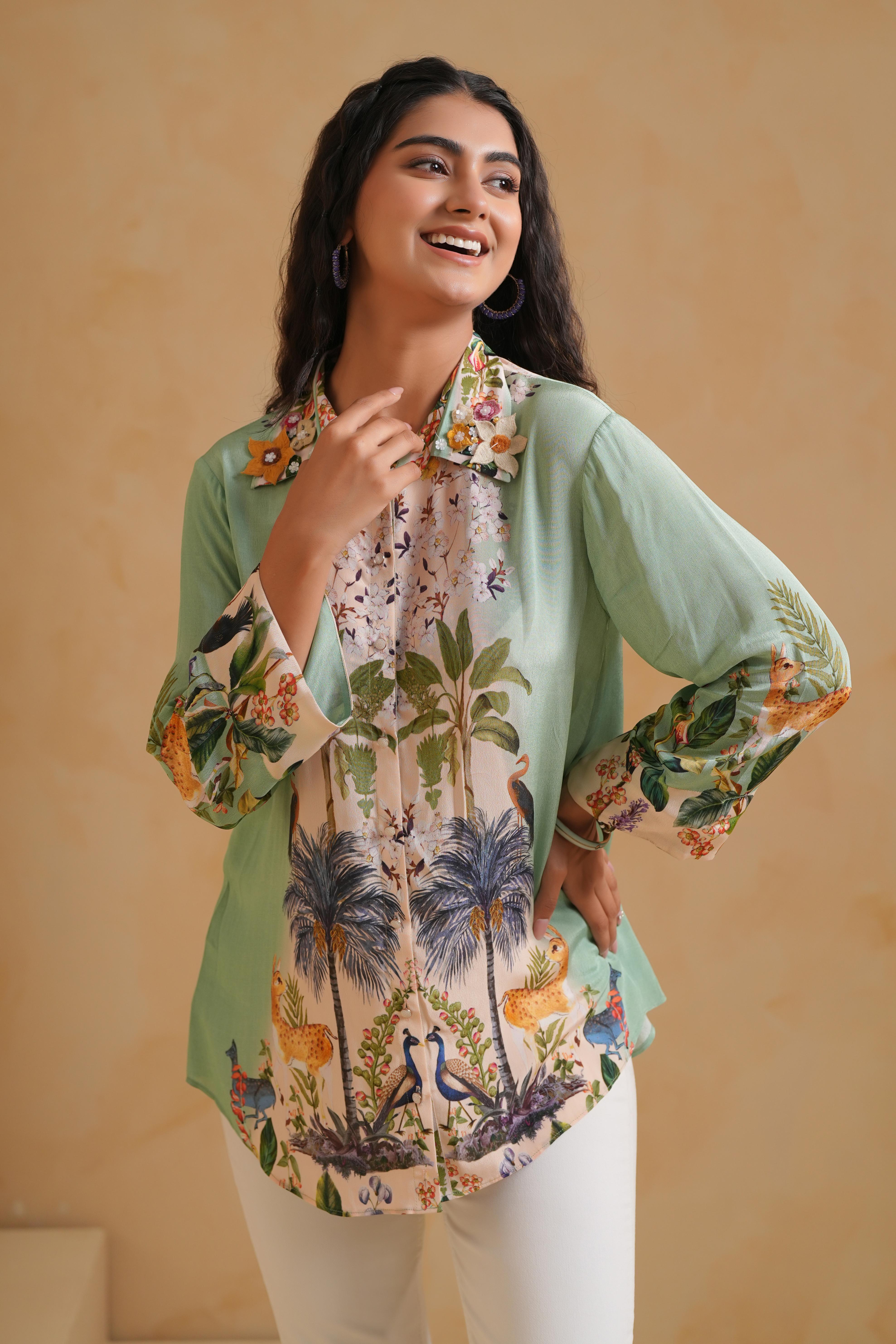 Soft Mint Green Printed Viscose Crepe Top