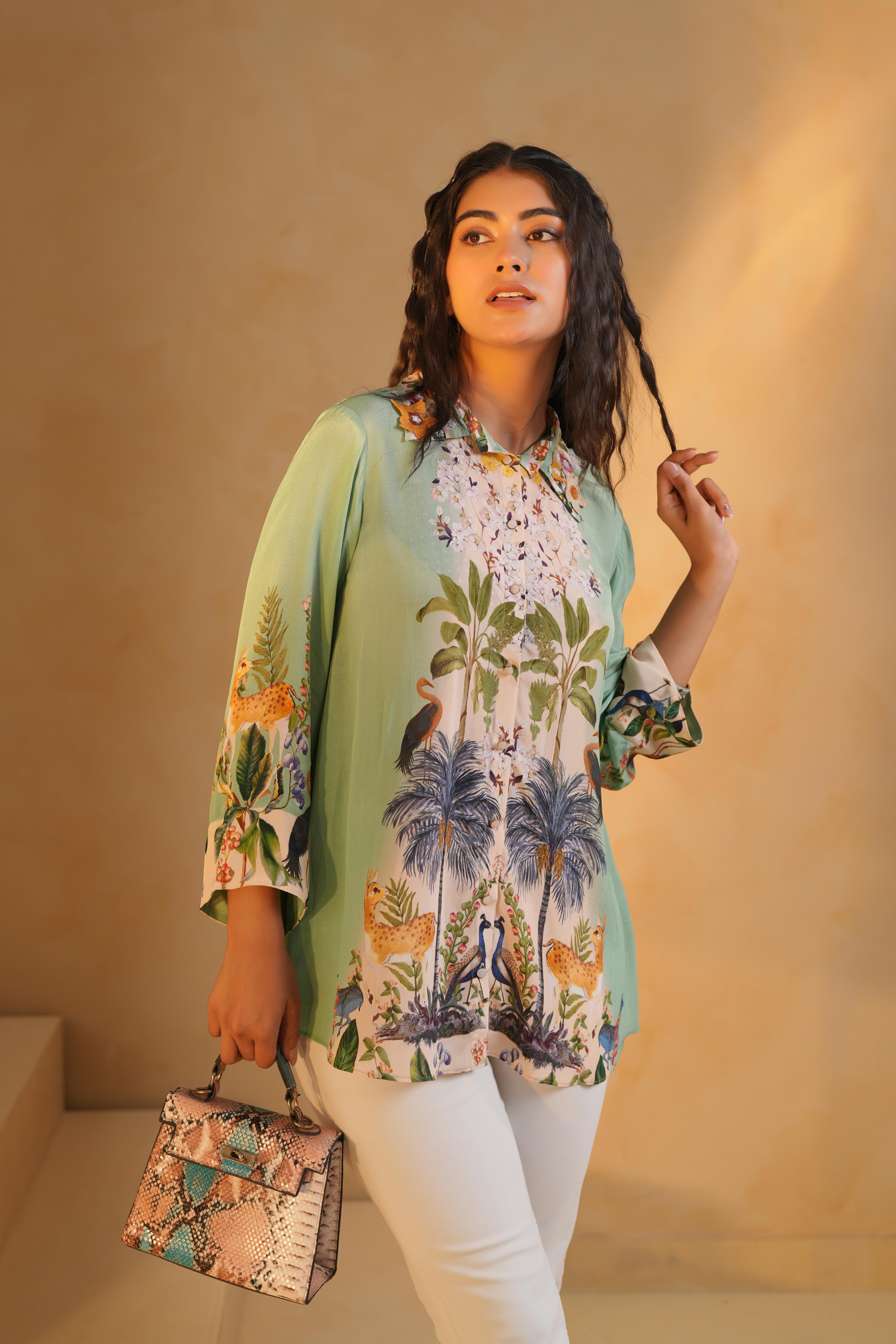 Soft Mint Green Printed Viscose Crepe Top