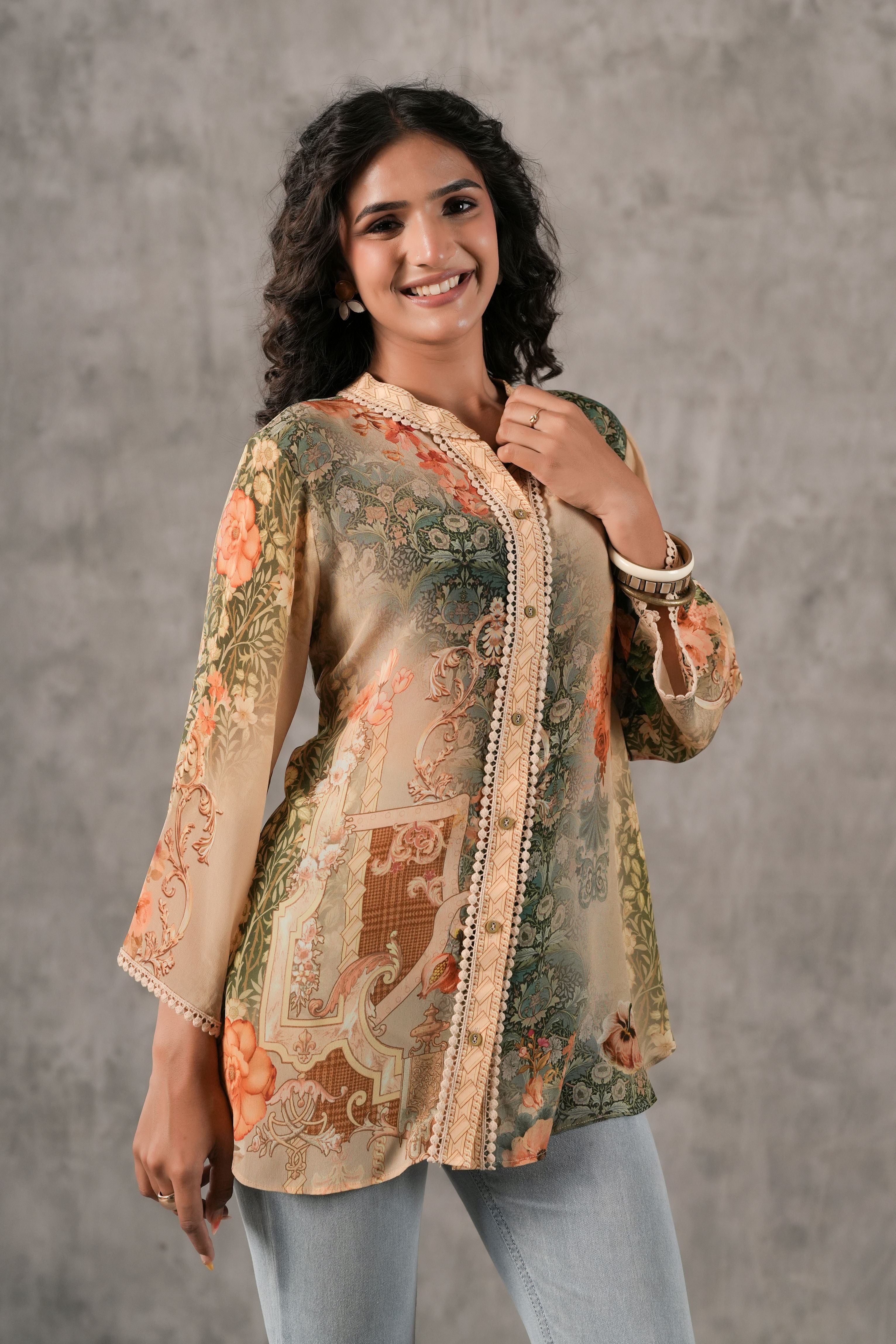 Sand Beige Printed Crepe Silk Shirt
