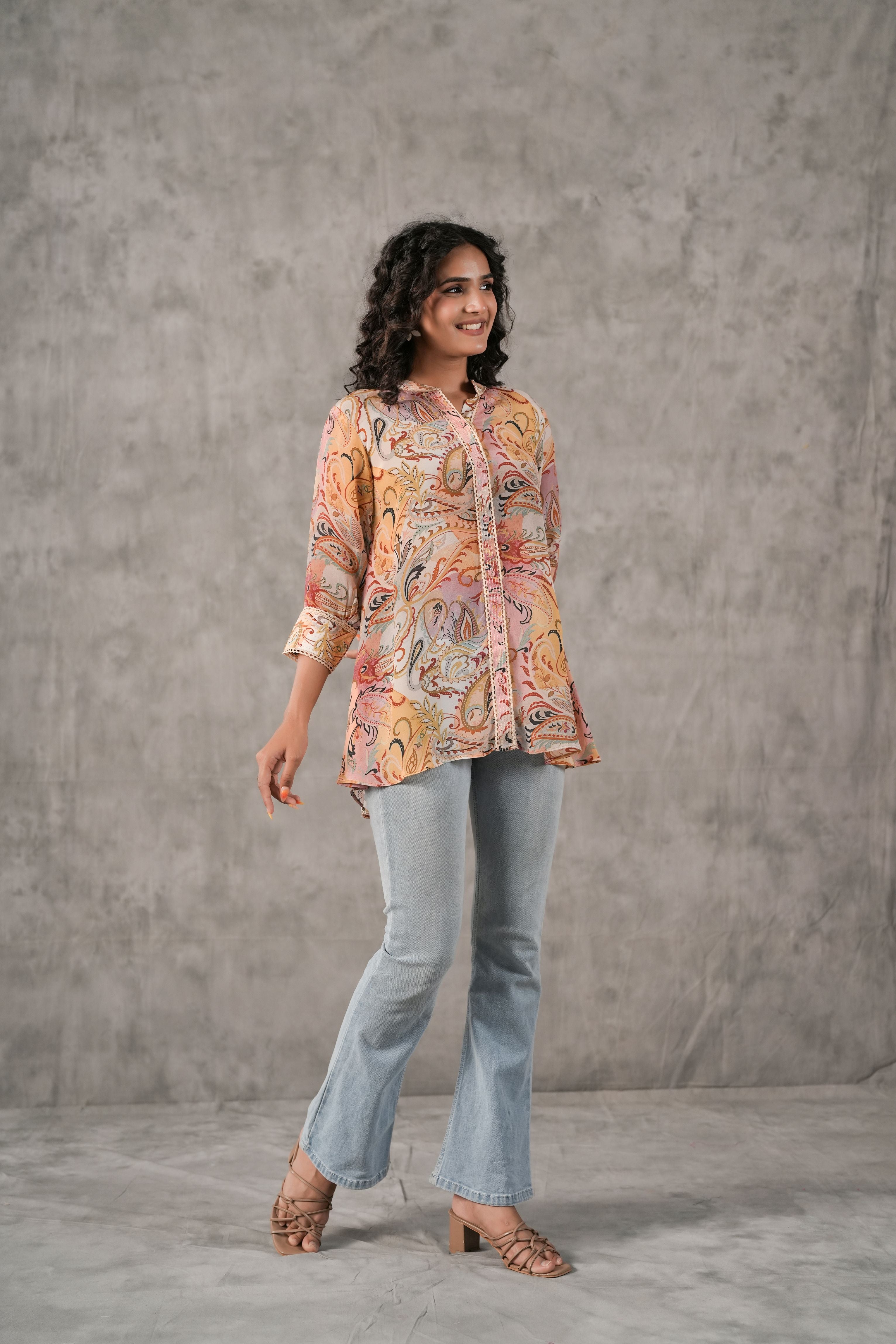Multi Paisley Printed Crepe Silk Shirt