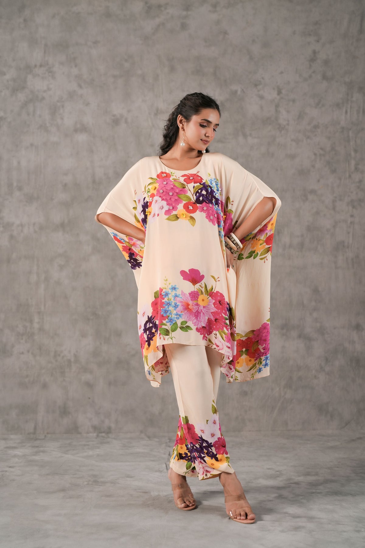 Flower Beige Printed Crepe Silk Kaftan Set