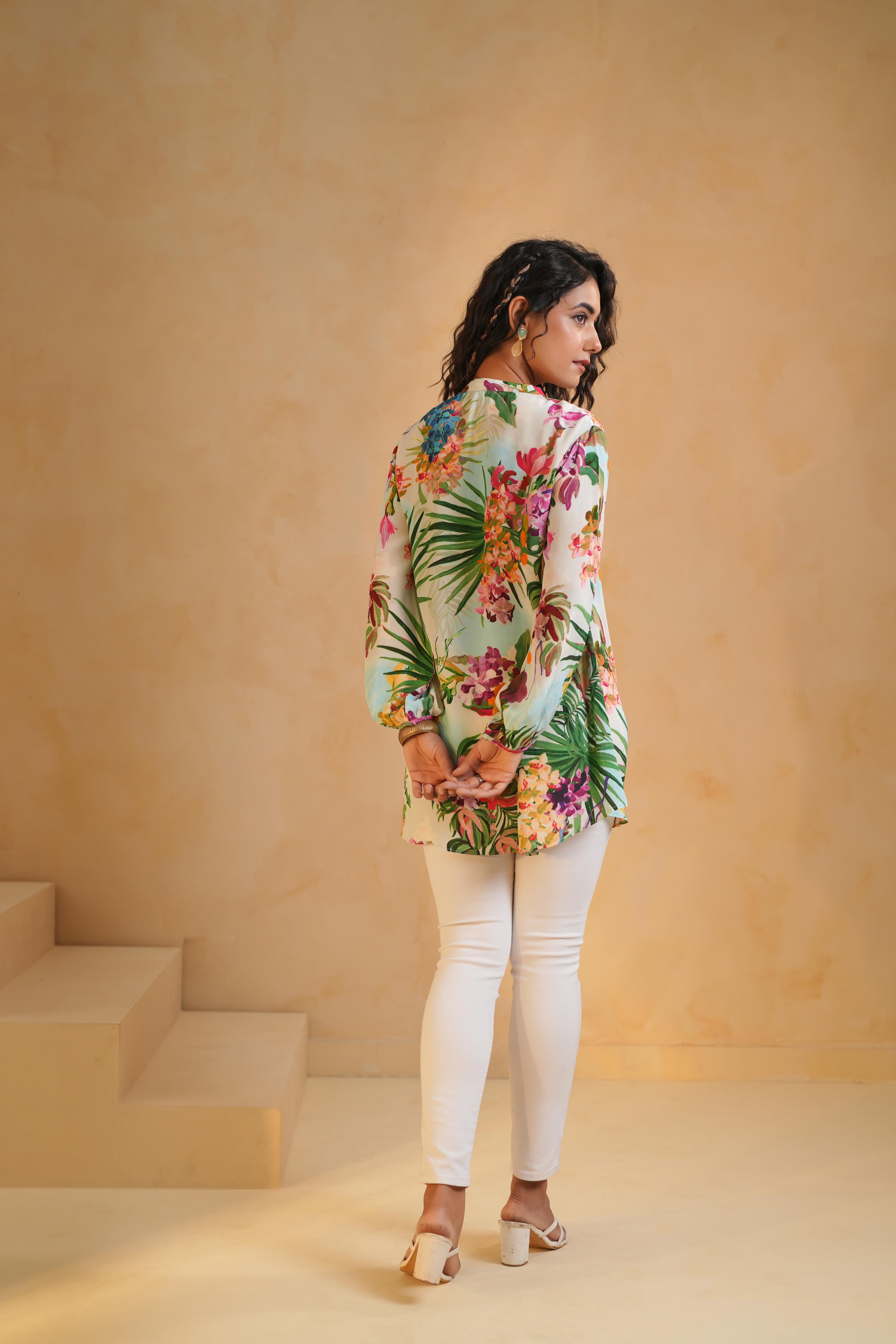 Light Cream Printed Viscose Crepe Top