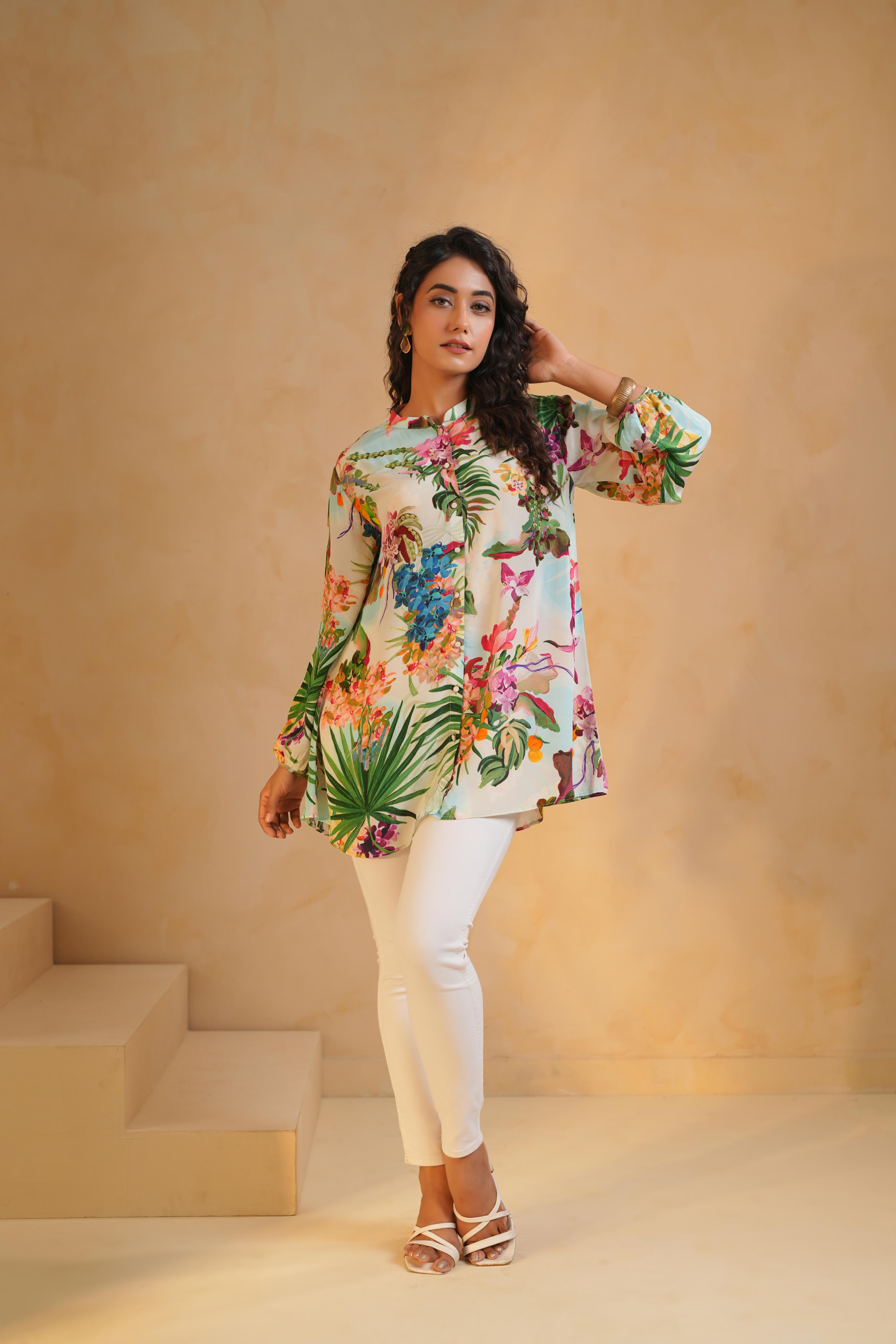 Light Cream Printed Viscose Crepe Top