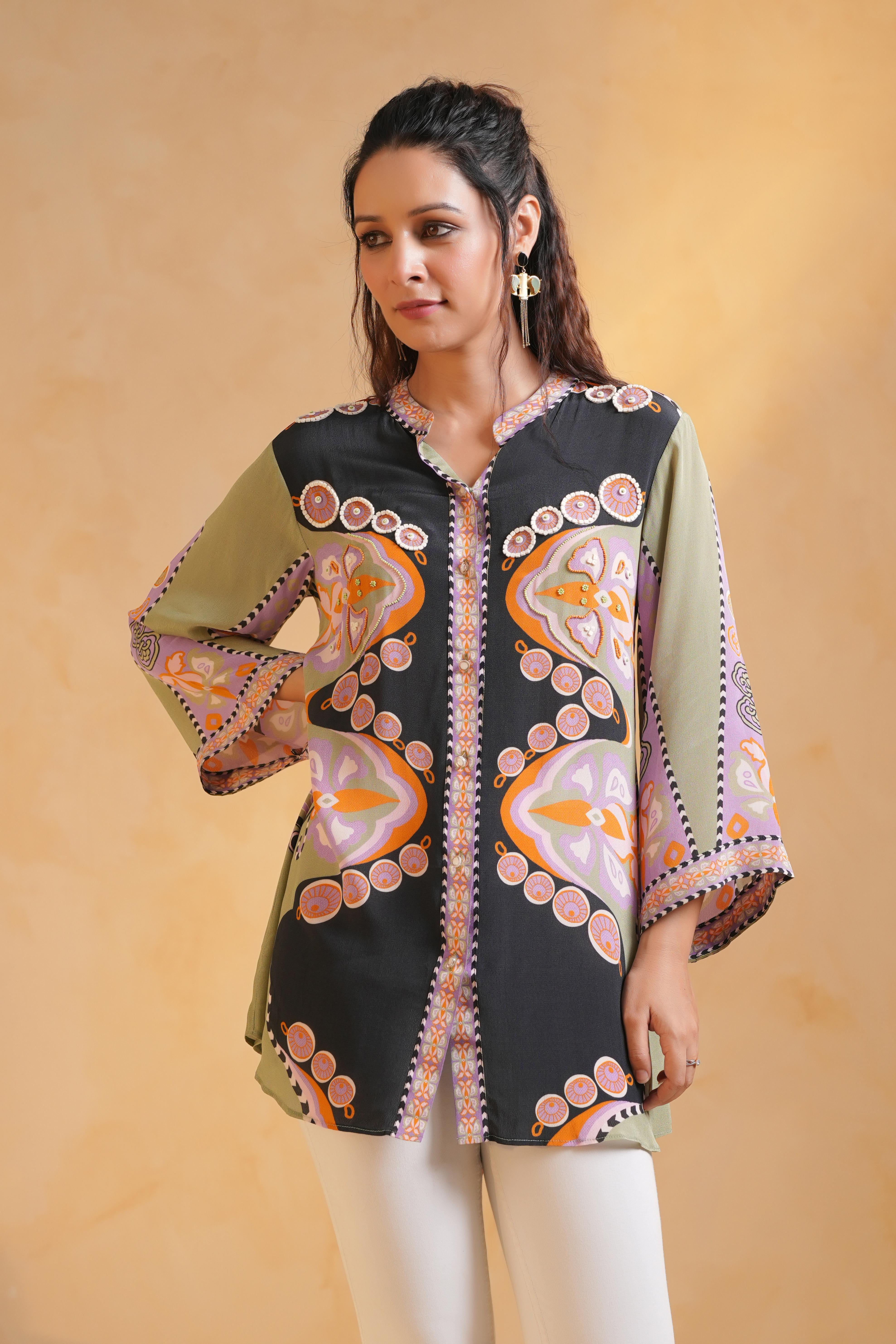 Black Printed Viscose Crepe Top