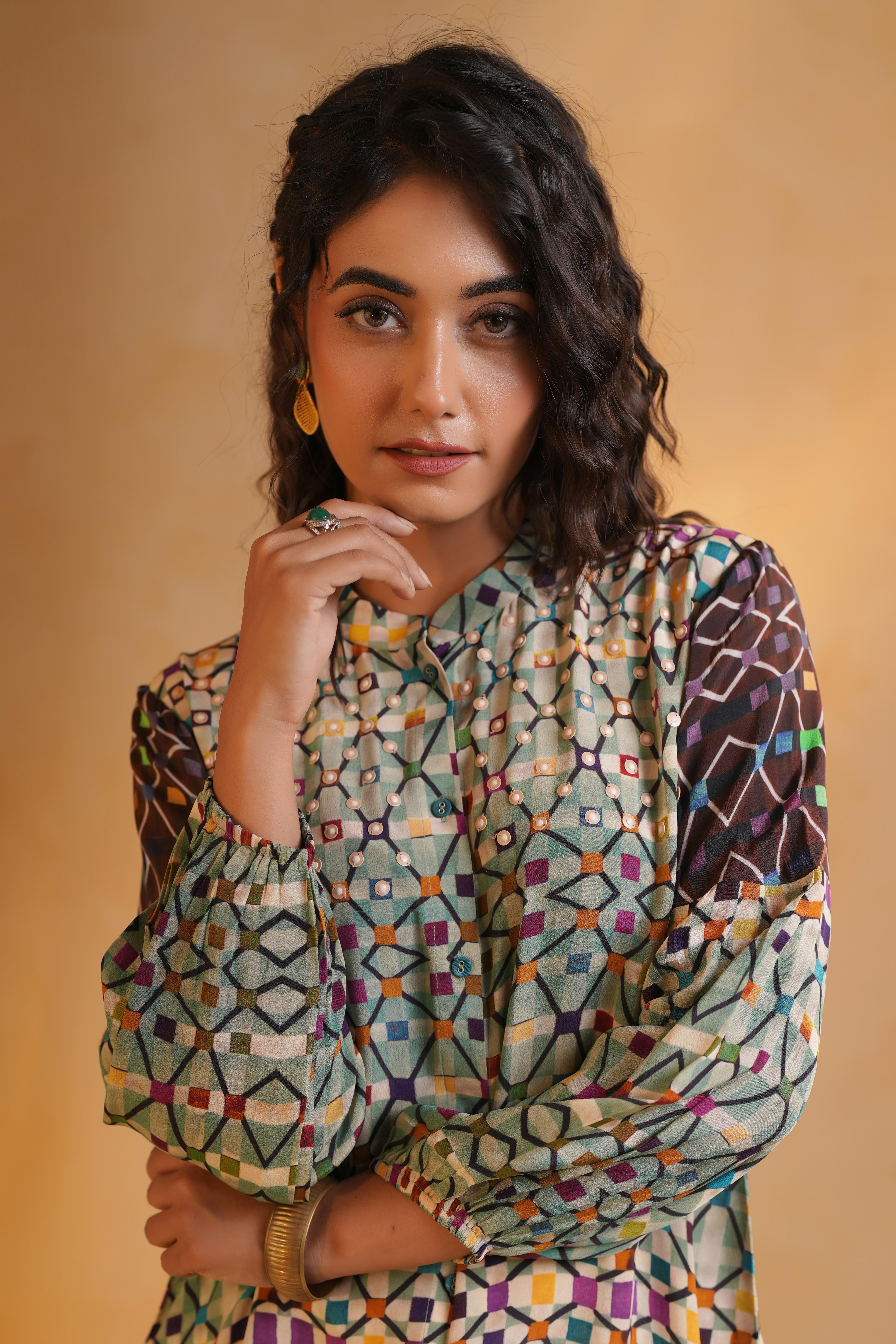 Light Green Printed Viscose Crepe Top