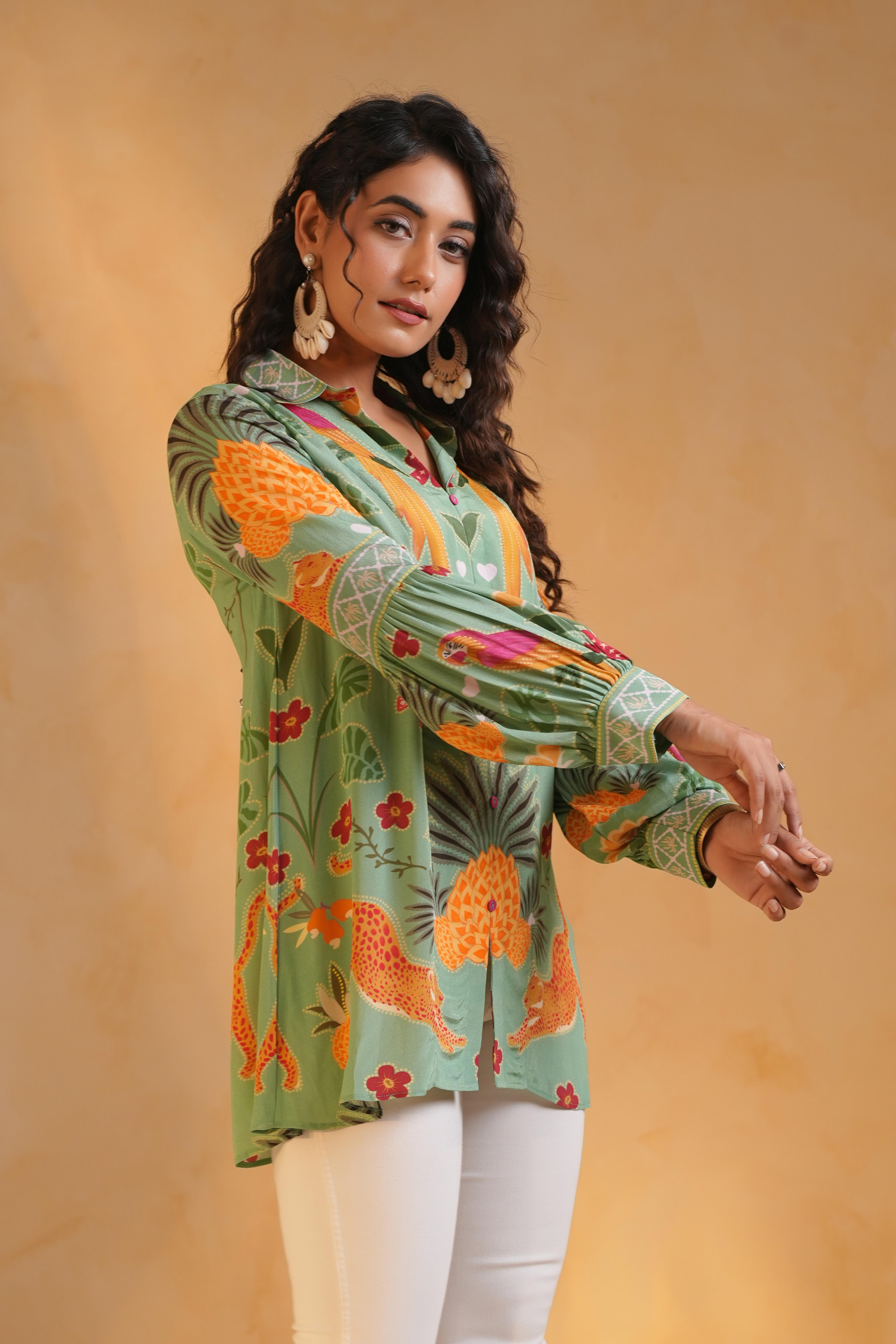 Sage Green Printed Crepe Silk Top